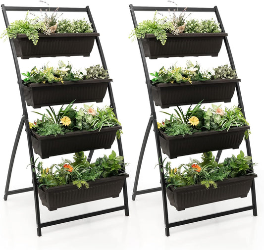 Giantex 2 Pcs 5.2FT Vertical Raised Garden Bed, 4-Tier Elevated Planter Box w/4 Containers & Drainage Holes, Indoor Outdoor Freestanding Planter for Vegetables, Herbs, Flowers, Heavy-Duty Metal Frame