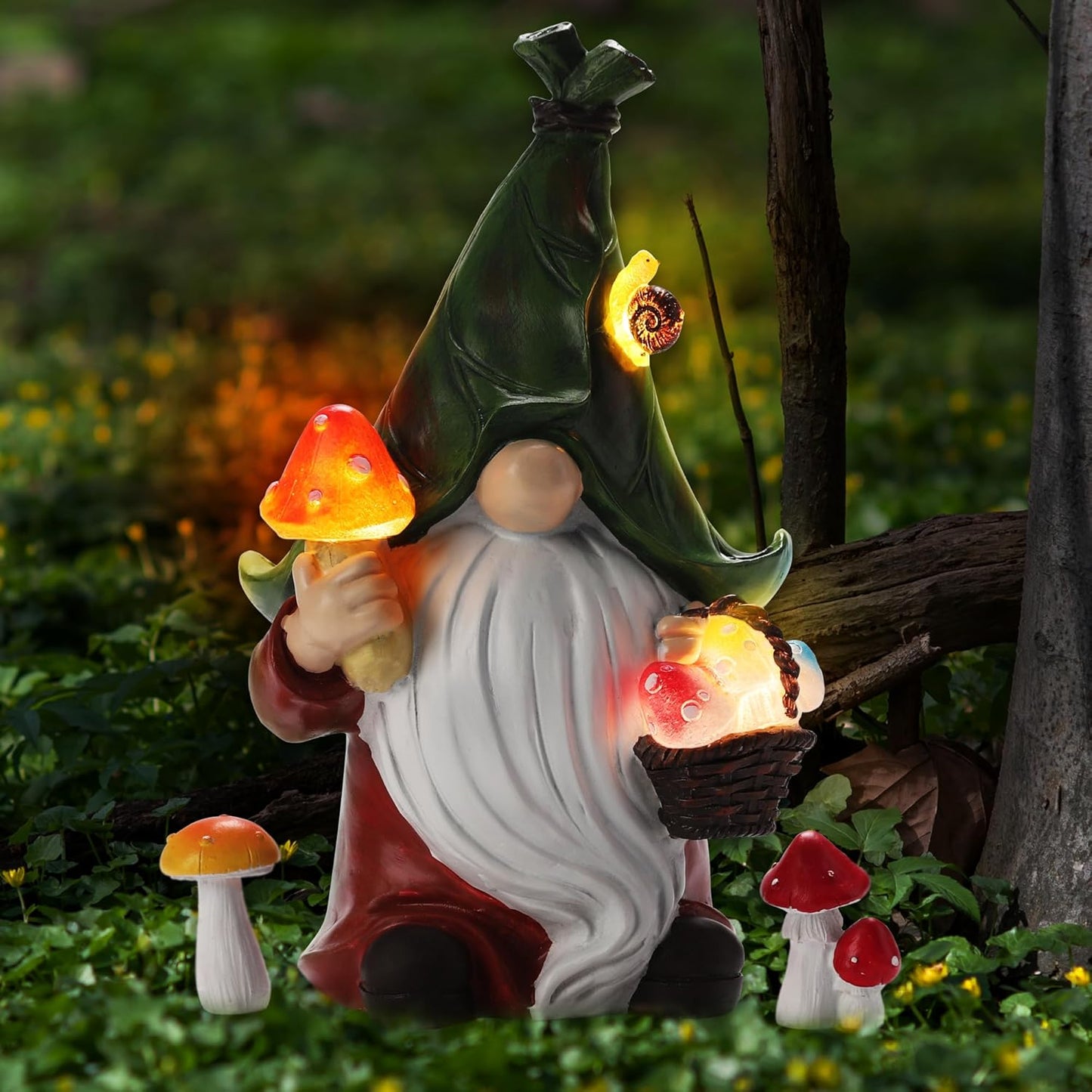 Mushroom-Picking Gnome Solar Garden Statue with 3 LED Lights, Set with 1 Gnome and 2 Small Mushroom, Lovely Garden Gnome Set for Patio, Yard, Lawn Ornament, Outdoor Decor
