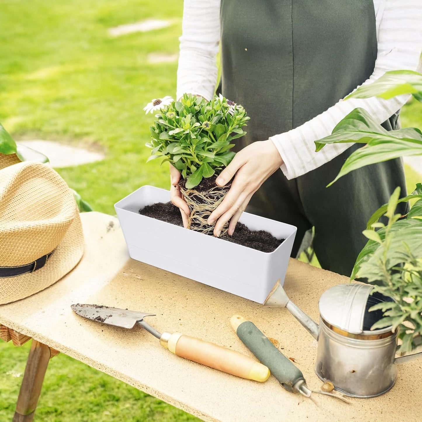 GREANER Flower Boxes, 3 Pack 12x3.8 Inch Rectangle Window Boxes, Herb Planters with Tray, Indoor Succulent Cactus Flowers Plastic Drawable Pot for Windowsill, Garden, Balcony, Office Outdoor (White)