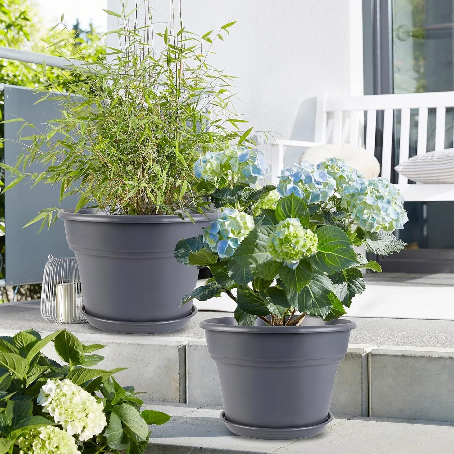 13-inch-Plant-Pots, 4 Pack Large Planters for Outdoor Plants, Plastic Flower Pots Indoor with Drainage Holes & Trays, Classic Garden Pot Container for House