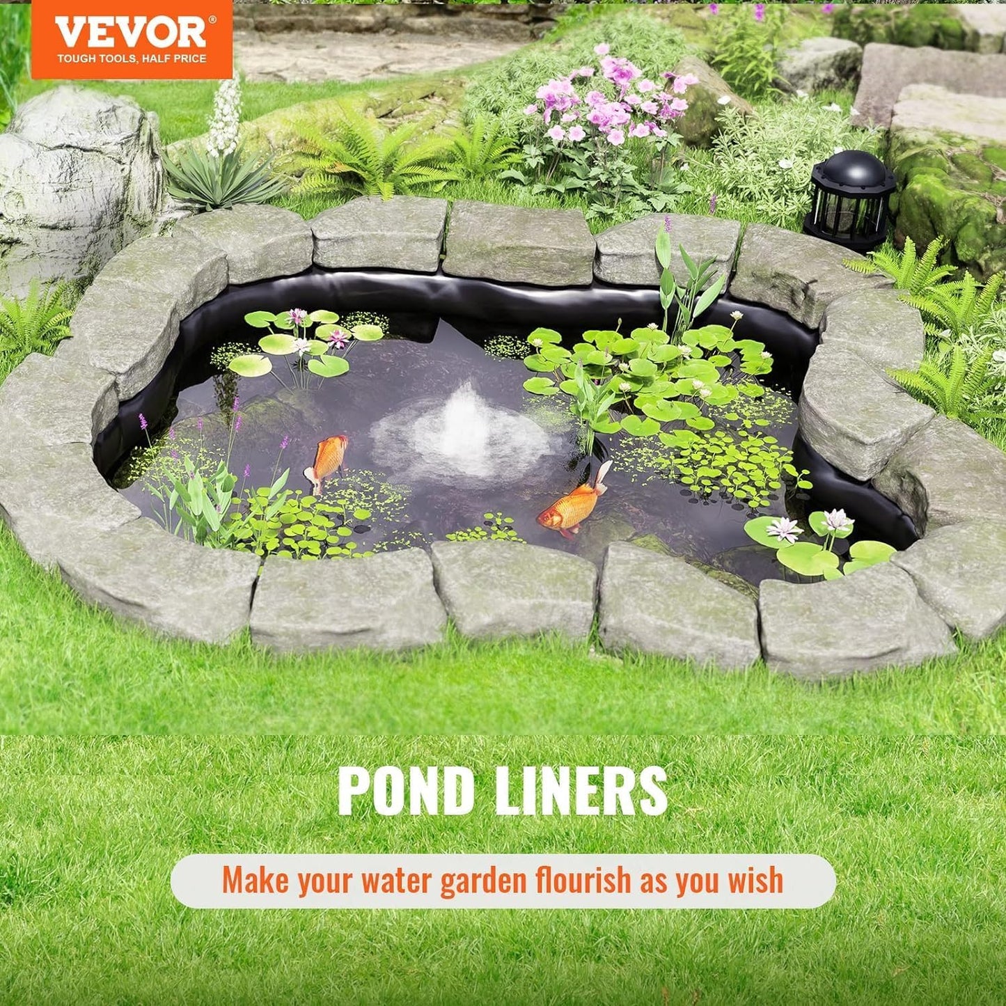 VEVOR 10 x 15 ft Pond Liner, 45 Mil Thickness, Pliable & Durable EPDM Material, Easy Cutting Underlayment for Fish or Koi,Waterfall, Fountains, Water Gardens, Black