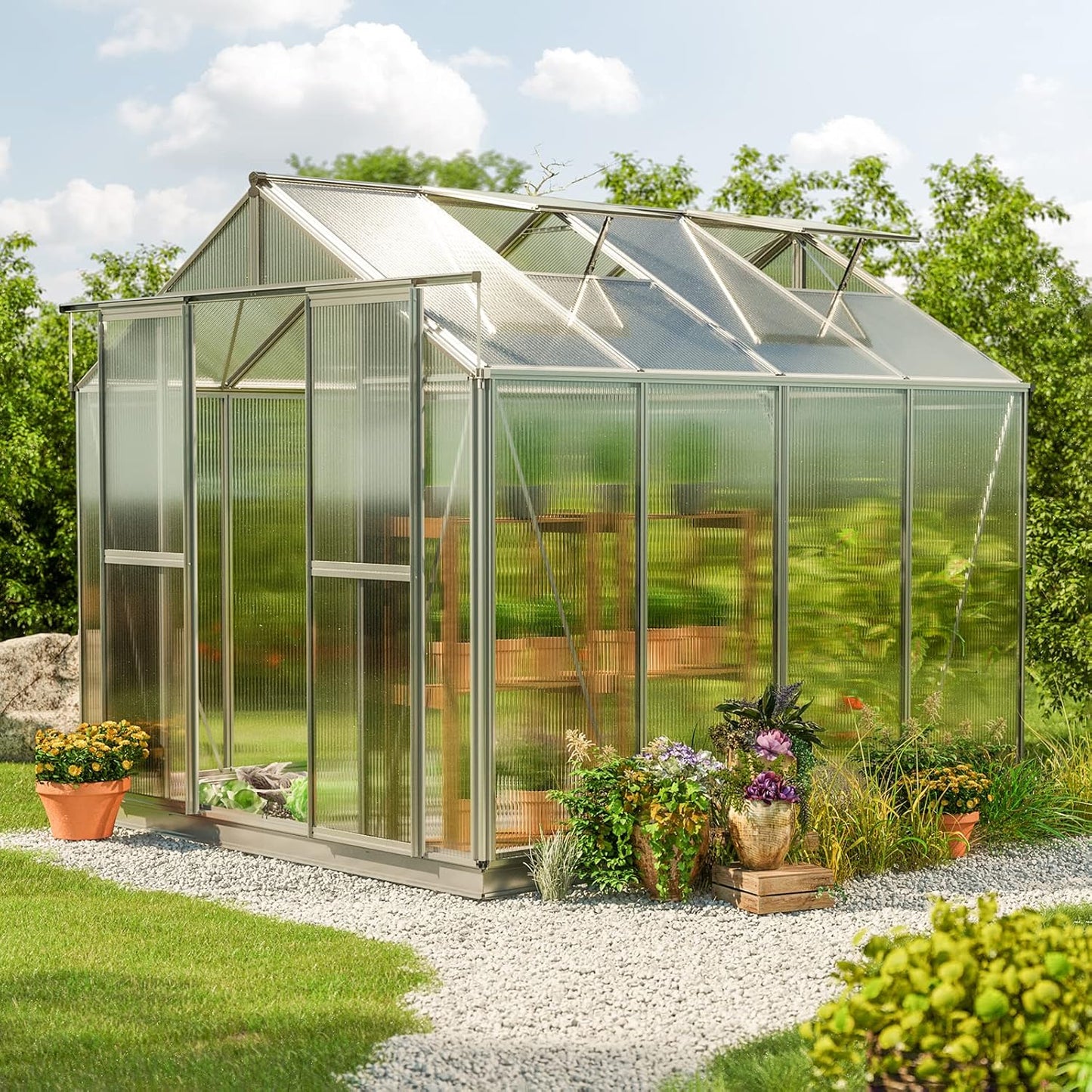 Greenhouse Saphir 4 Aluminum Frame 8.5 x 8.5 ft Approx. 8 mm Polycarbonate Panels - with Bonus Base Frame and Automatic Vent Opener