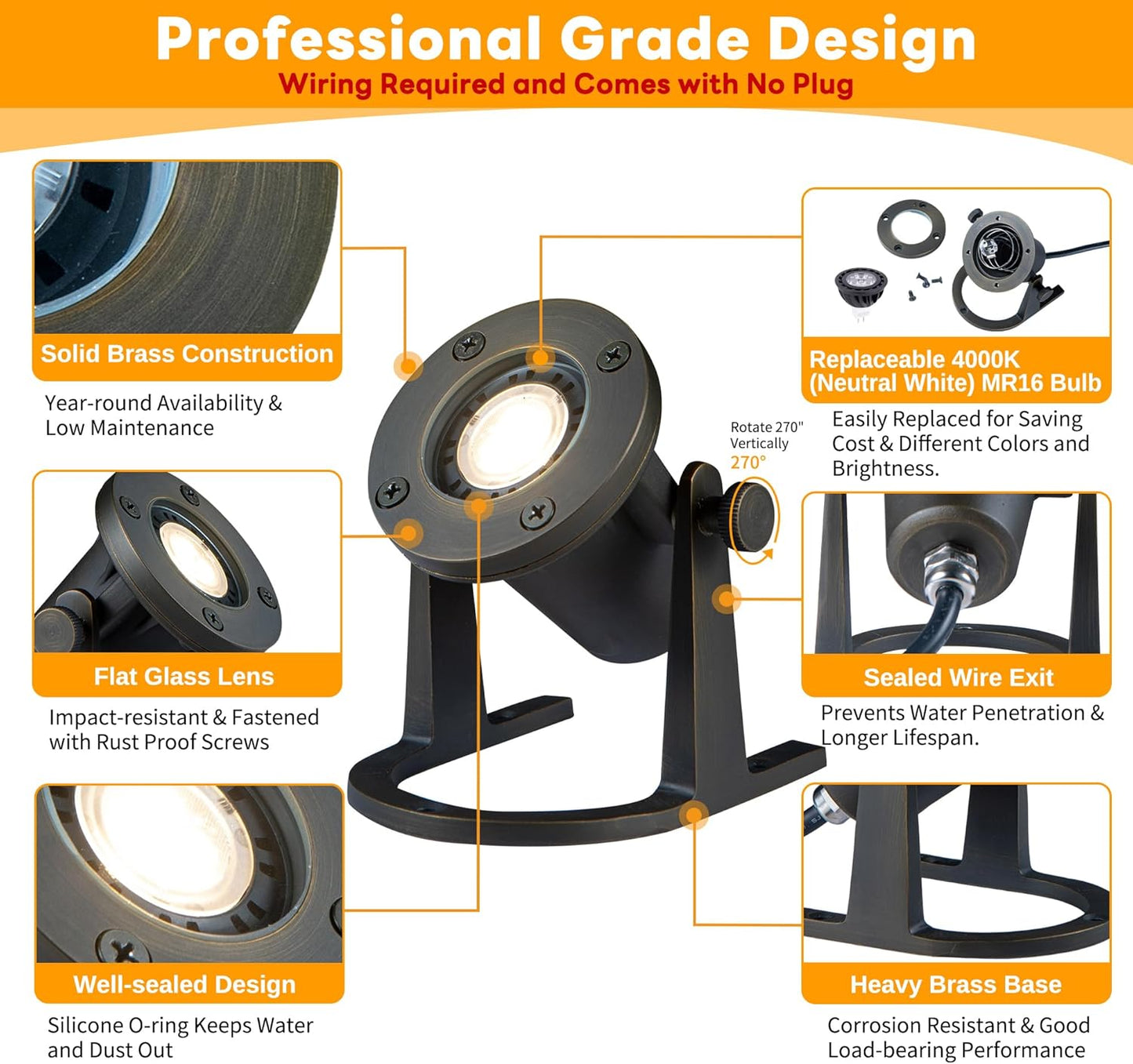 Submersible Pond Light - 12V Low Voltage IP68 Waterproof, Solid Brass Underwater Light with 4000K MR16 LED Bulb, for Water Fountains, Waterfalls, Pool and Outdoor Landscape Lighting(4 Pack)