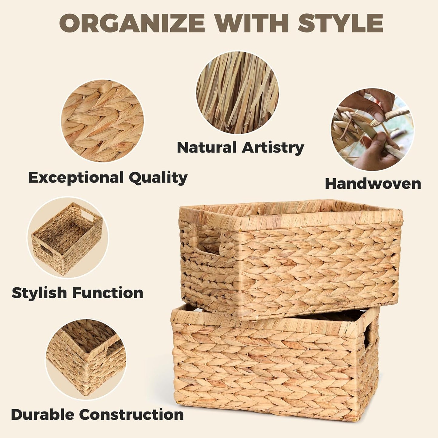 Set of 2 Wicker Shelf Storage Baskets for Organizing - Natural Durable Water Hyacinth Woven Basket Pantry Bin Organizers for Shelves with Handles for Home & Decor Organization, 12.5” x 8” x 6.5”