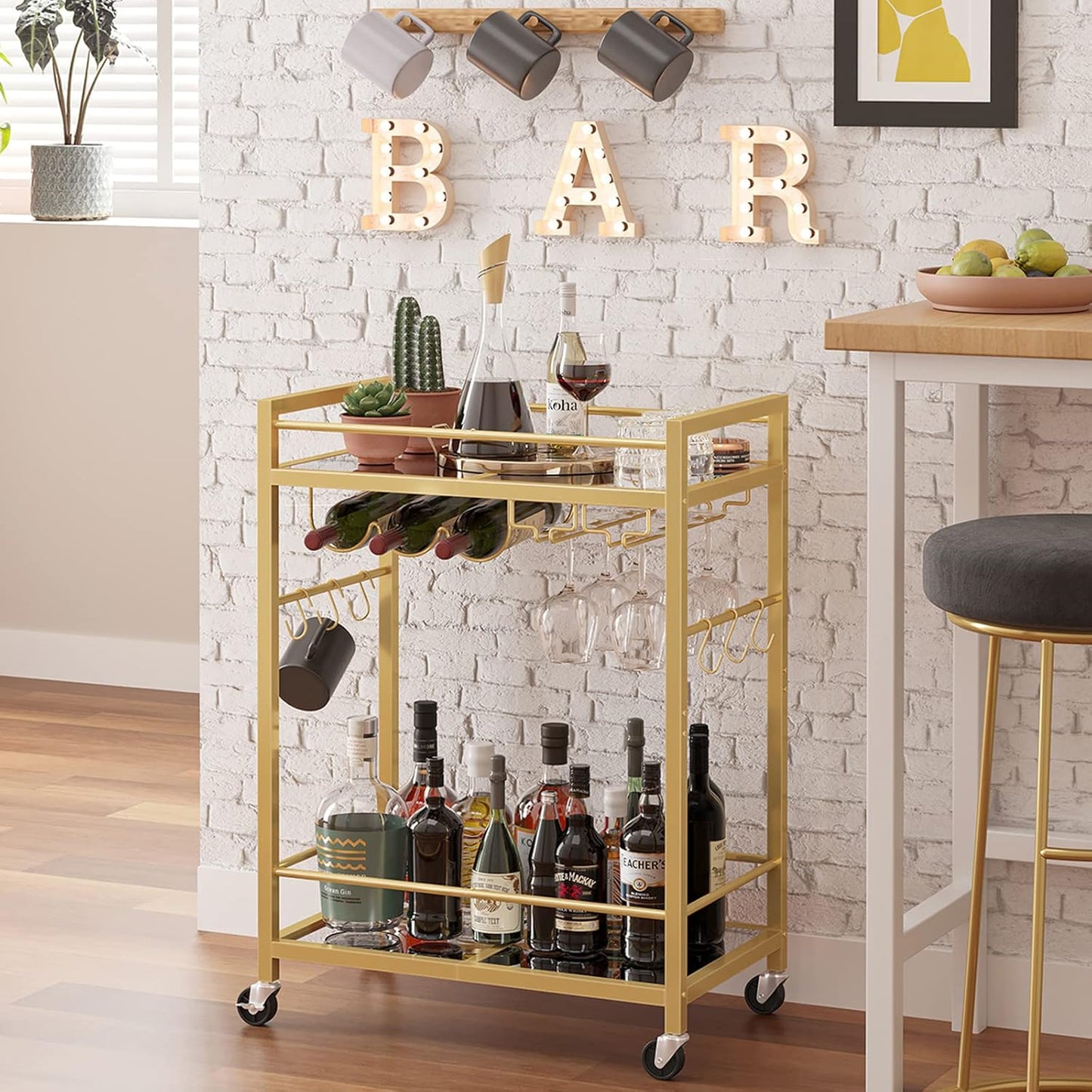 TUTOTAK Bar Cart, Serving Cart for Home, Drink Cart, Mobile Kitchen Shelf with Wine Rack and Glass Holder, Rolling Beverage Cart, Gold BC01BB031