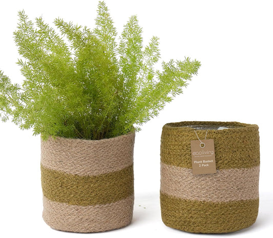 Jute Planter Basket-Woven Jute Rope Covers for Decorating Indoor/Outdoor Succulents, Small Plant Pots-Set of 2-Multi-Purpose Storage Bins 6.5 Inches - Modern Style Décor- Olive & Natural