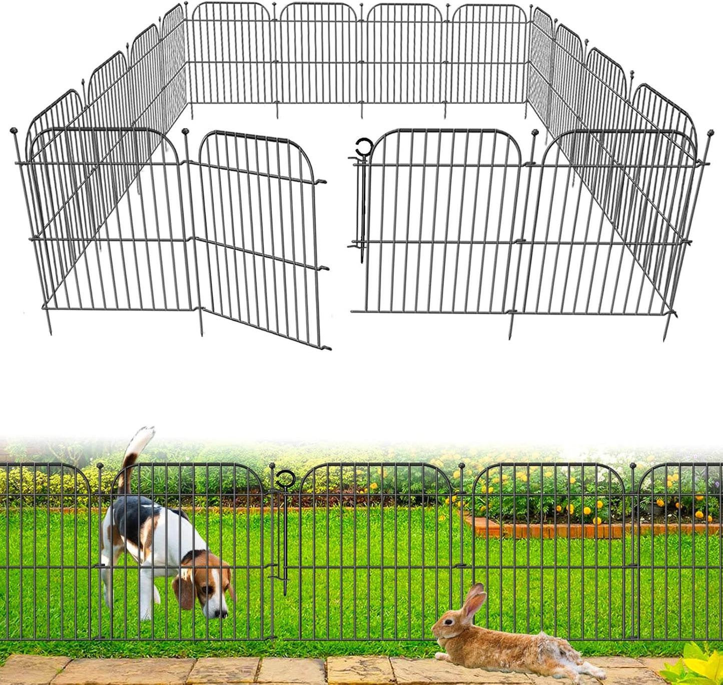 10 Panels No Dig Decorative Garden Fence with Gate, 24 in(H) x 20 ft(L) Rustproof Metal Wire Fencing Border for Yard Outdoor Decor, Temporary Animal Barrier with Stakes for Small Pets