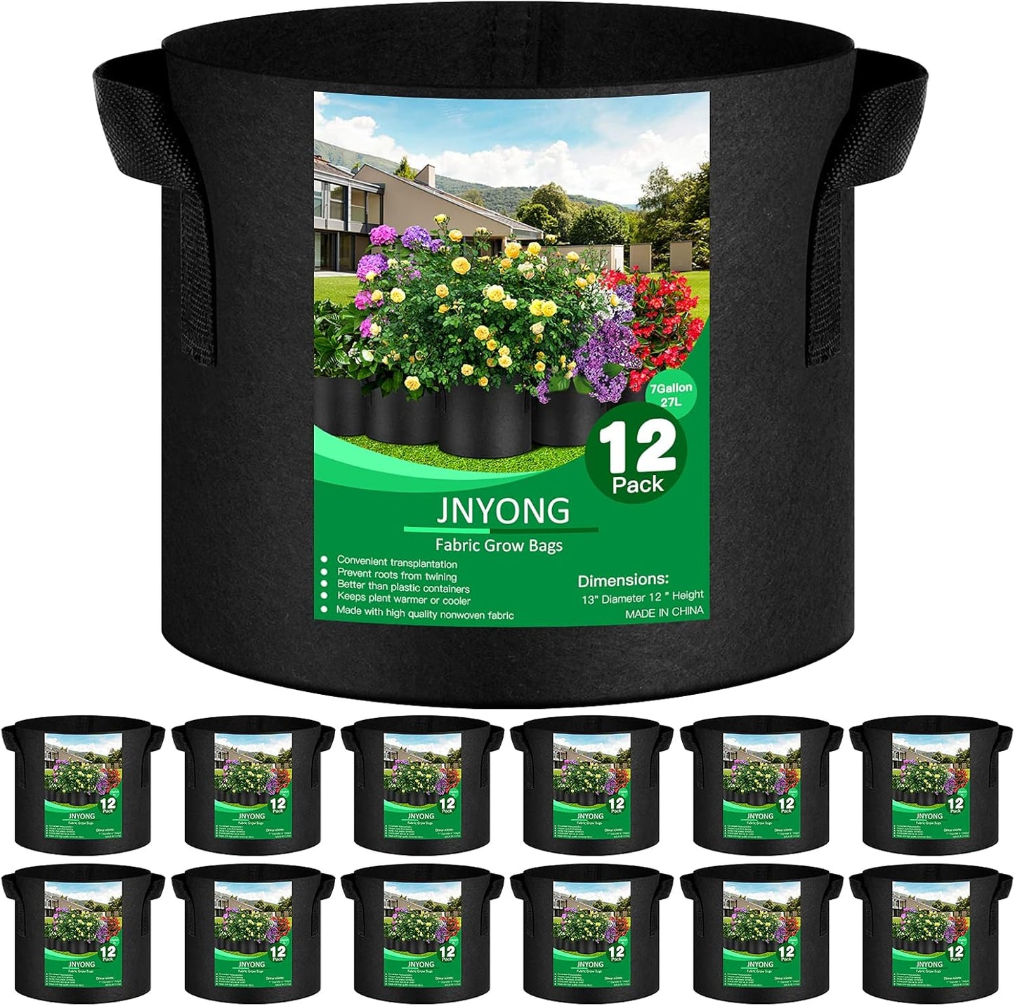 12-Pack 7 Gallon Thickened Non-Woven Grow Bags, Aeration Fabric Pots with Handles