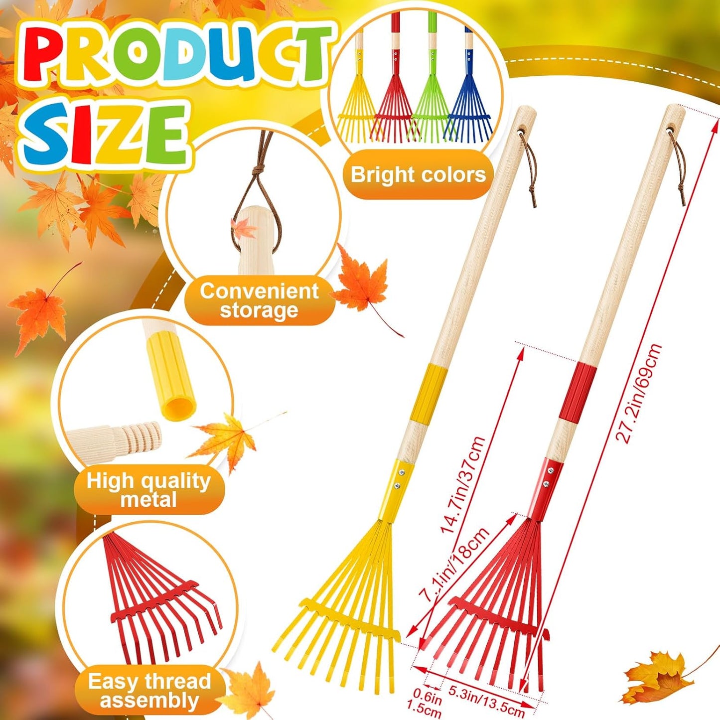 Suclain 8 Pcs Mini Rakes with Hardwood Handle Small Rake for Gardening Yard Tools Multicolor 28'' Mini Rake for Leaves Lightweight for Garden Leaf Tools