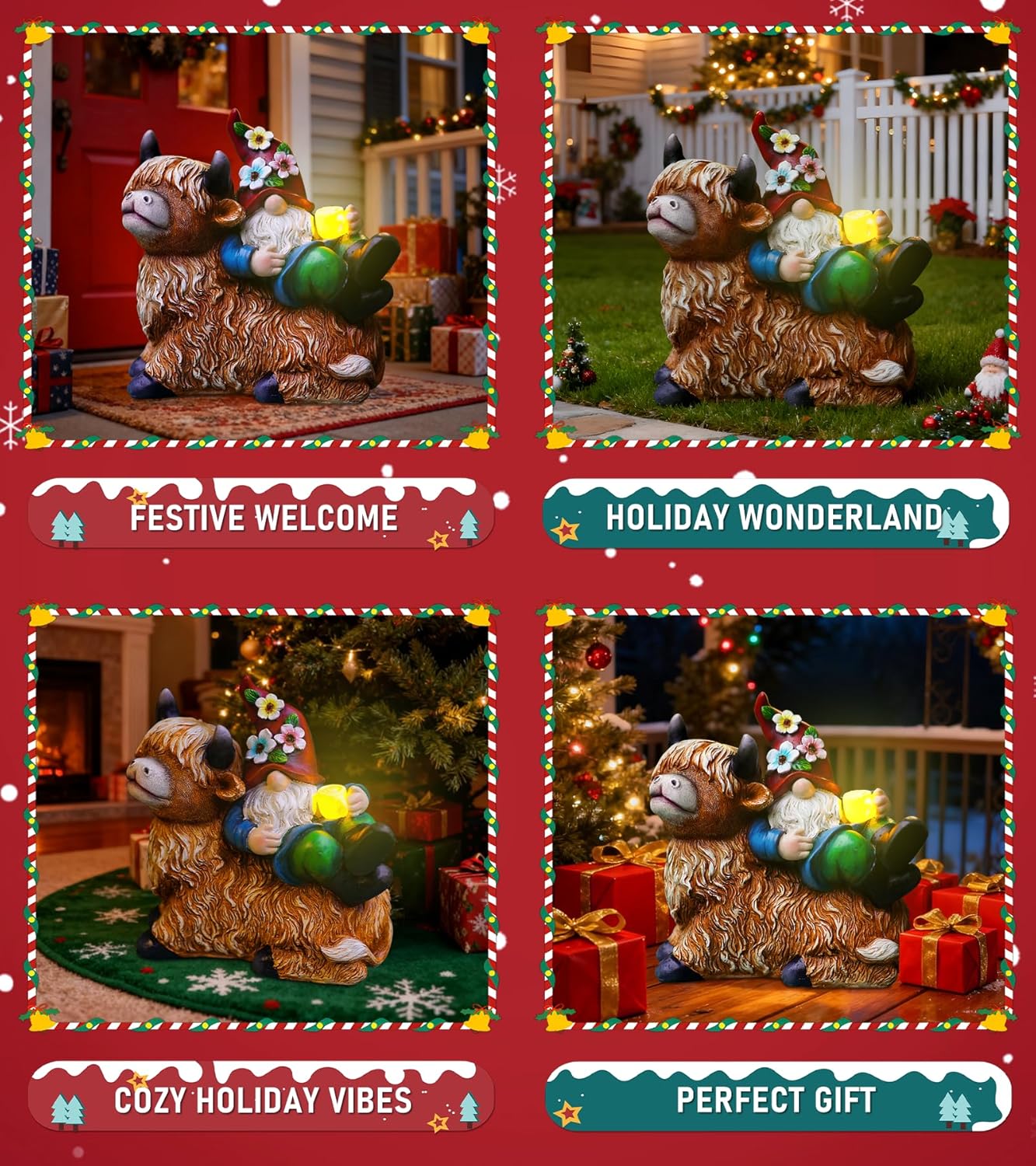 Garden Gnomes Decor Outdoor Statues Gnome on Highland Cow Hold Solar Cup Light Outdoor Decorations for Patio,Yard and Gift for Mom