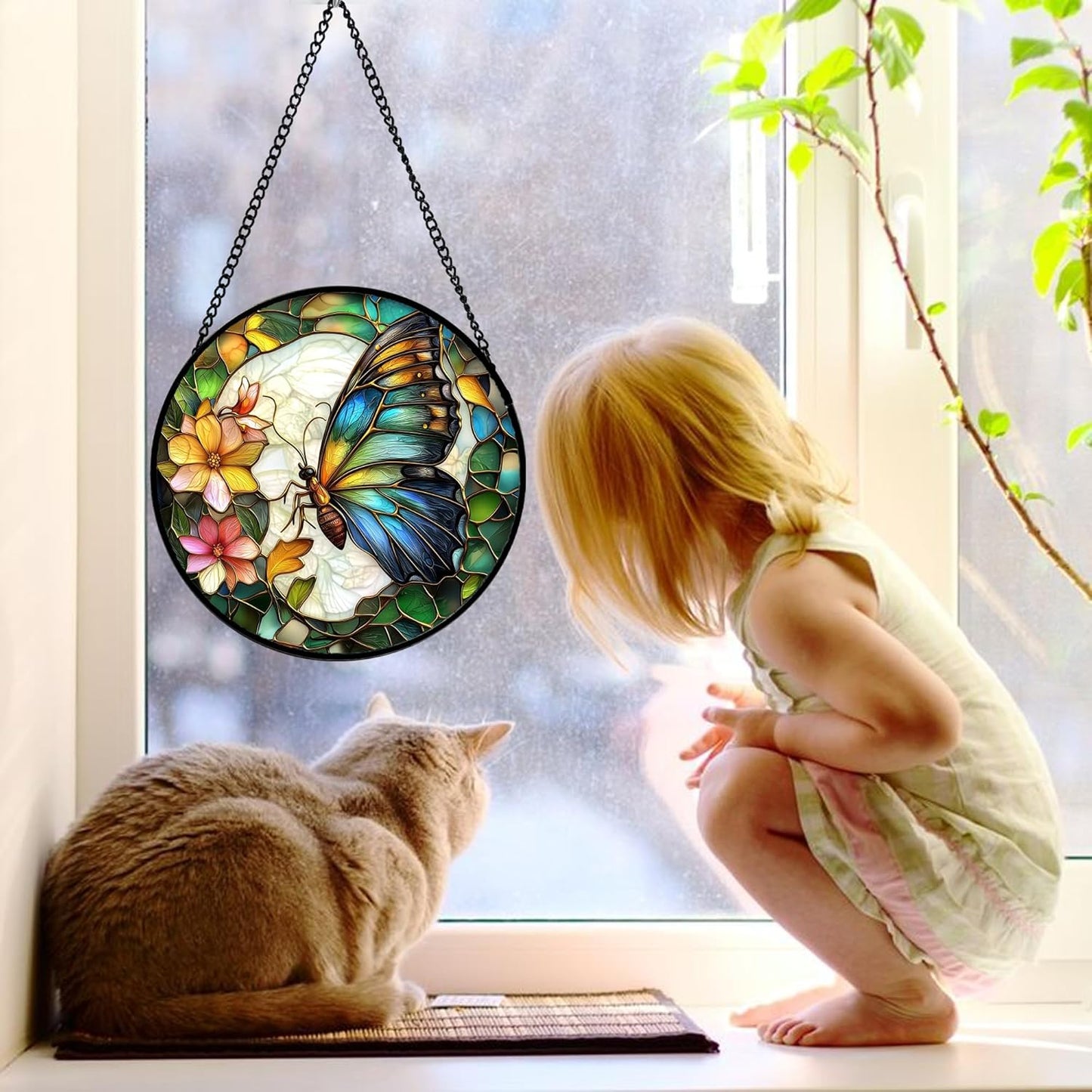 Stained Glass Window Hanging, Butterfly Flower Sun Catchers Diamond Glass Panel Hangings Insect Suncatcher Decor for Birthday for Women, Men, Wife, Aunt, and Mom 9.8 in