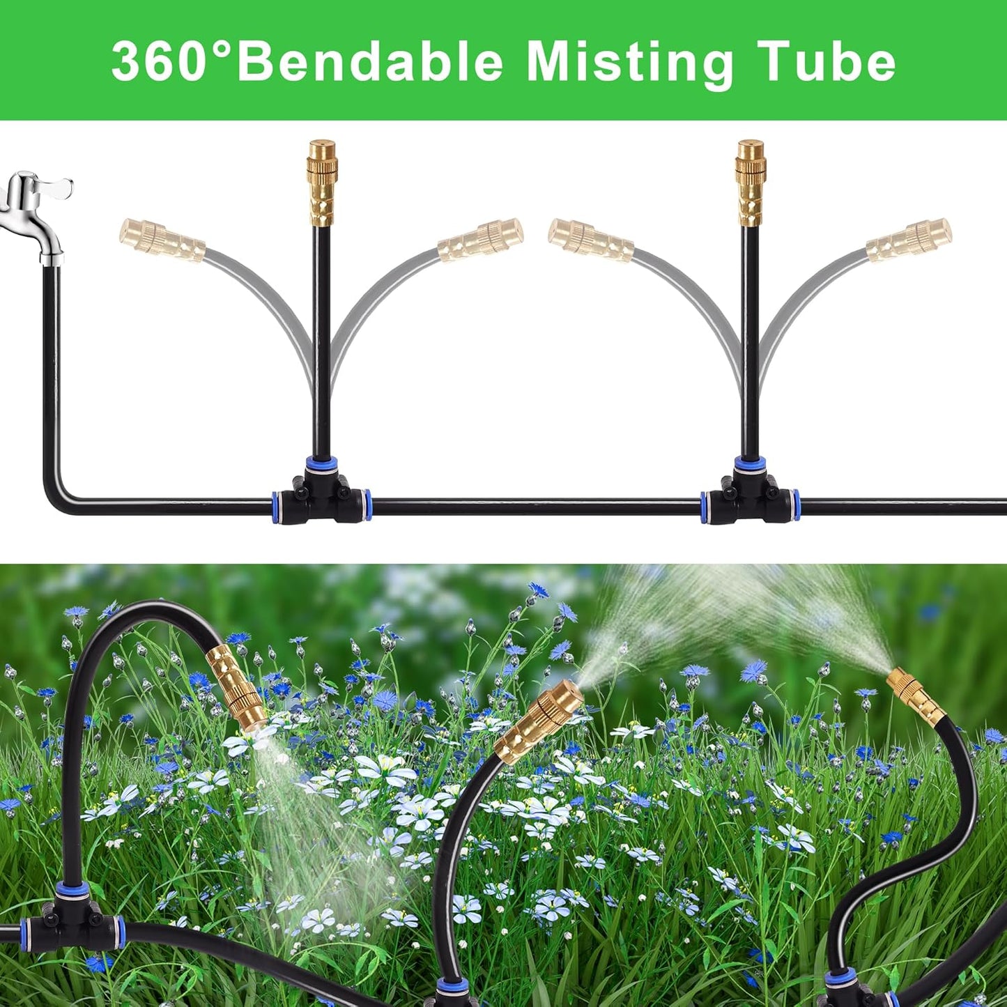 Drip Irrigation Kit, Flexible 360°Adjustable Watering System with Nozzle Control, Misting Hose for Garden, Greenhouse, Lawn, Yard & Potted Plants (49 Feets)