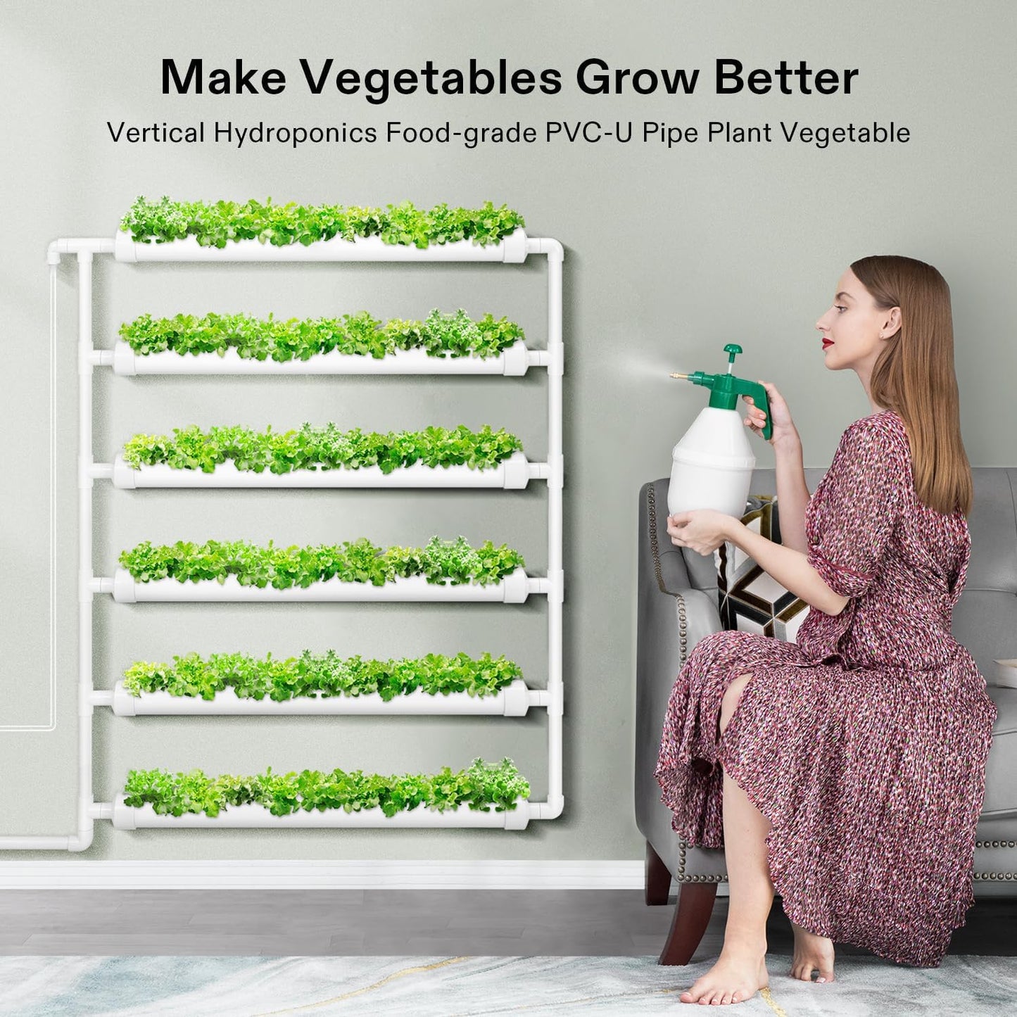 VIVOSUN Hydroponic Grow Kit, 54 Plant Sites 6 Food-Grade PVC-U Pipes Hydroponics Planting System with Water Pump, Pump Timer, Nest Basket and Sponge for Leafy Vegetable