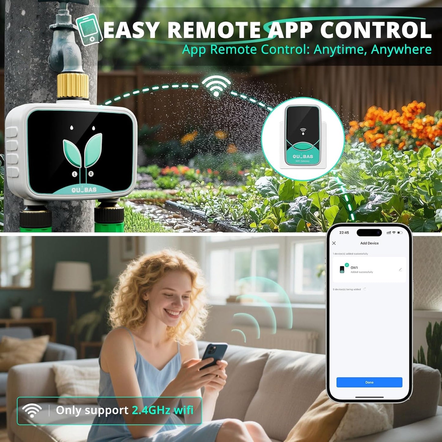 QUOBAS WiFi Sprinkler Timer with Brass Inlet & Outlet, 2-Zone Smart Water Timer for Garden Hose with APP Remote Control, Manual Watering, Rain Delay Watering, for Lawn, Garden