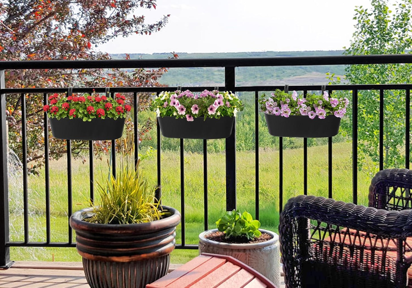 Mkono Metal Railing Planter Box 15.7 Inches 3 Pack Balcony Hanging Planter for Outdoor Plants with Detachable Hooks and Drain Holes Fence Planters for Any Balcony, Porch or Deck (3, Medium)