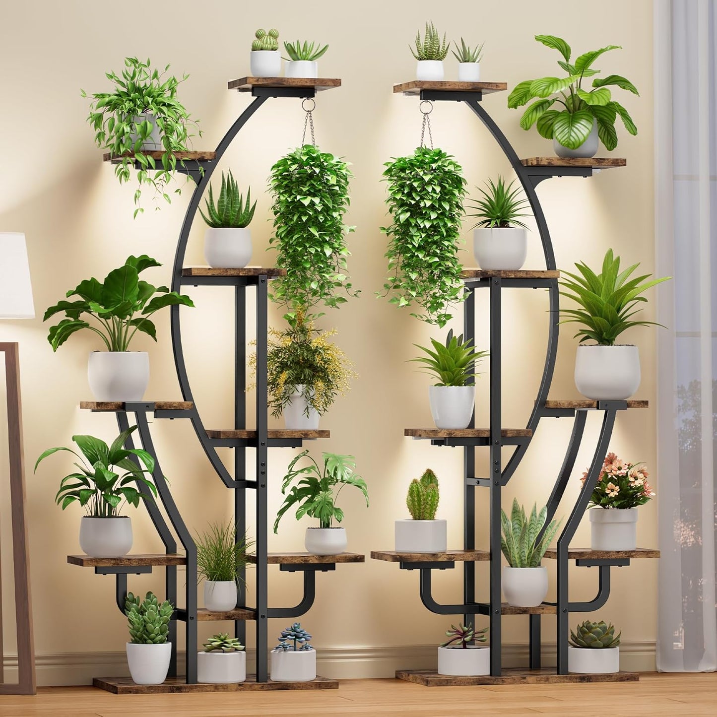 IRONCK Plant Stand Indoor with Grow Lights, 9 Tiered Indoor Plant Shelf, 62" Corner Plant Stands for Indoor Plants, Metal Plant Flower Display Shelves, Moon-Shaped Plant Rack for Home, Patio, Black