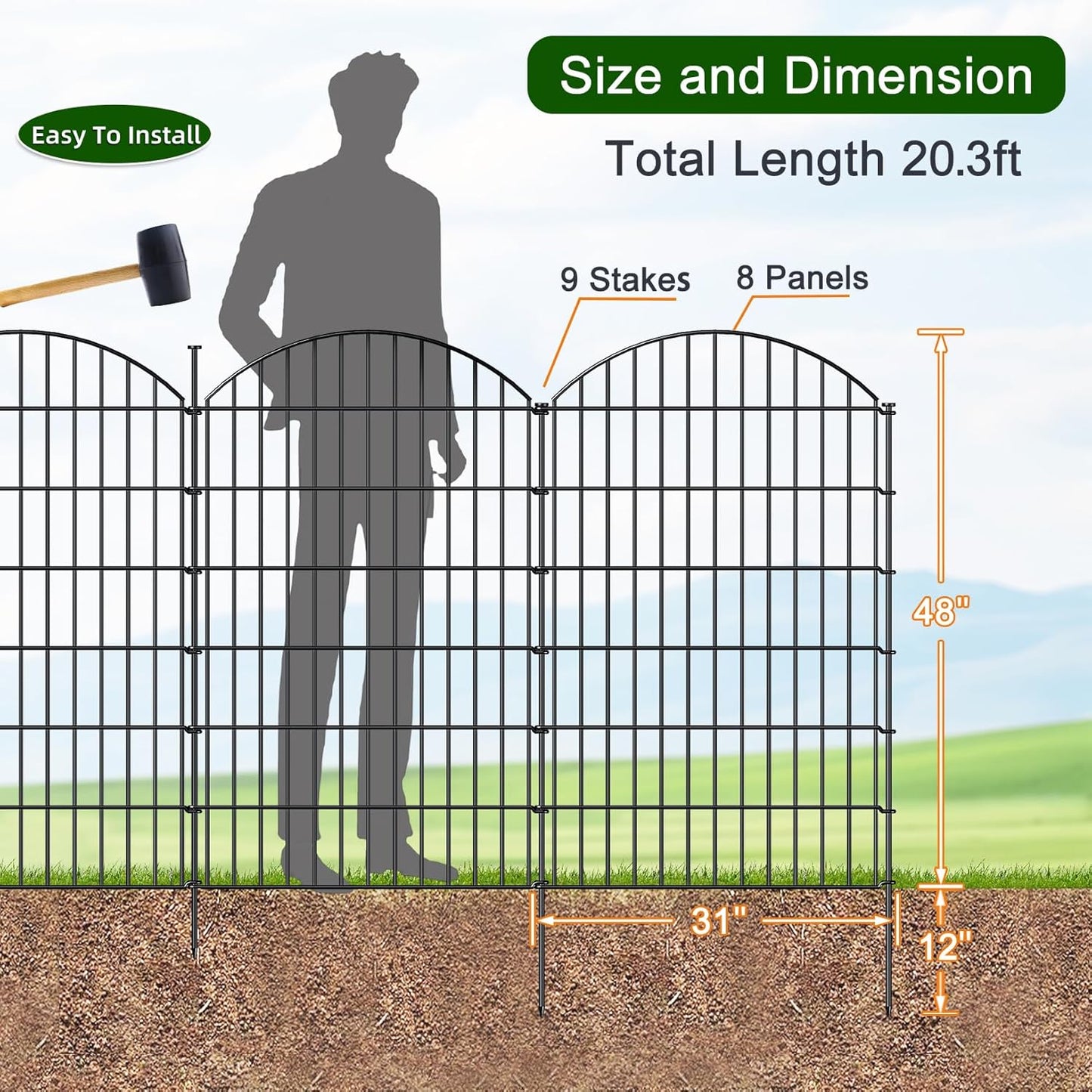 Metal Garden Fence 48in (H) x 20.3ft (L), 8 Panels + 9 Stakes Dog Fence Border Fence Animal Barrier, No Dig Garden Fencing for Yard Flower Bed Lawn Patio Outdoor, CTW4808 Black