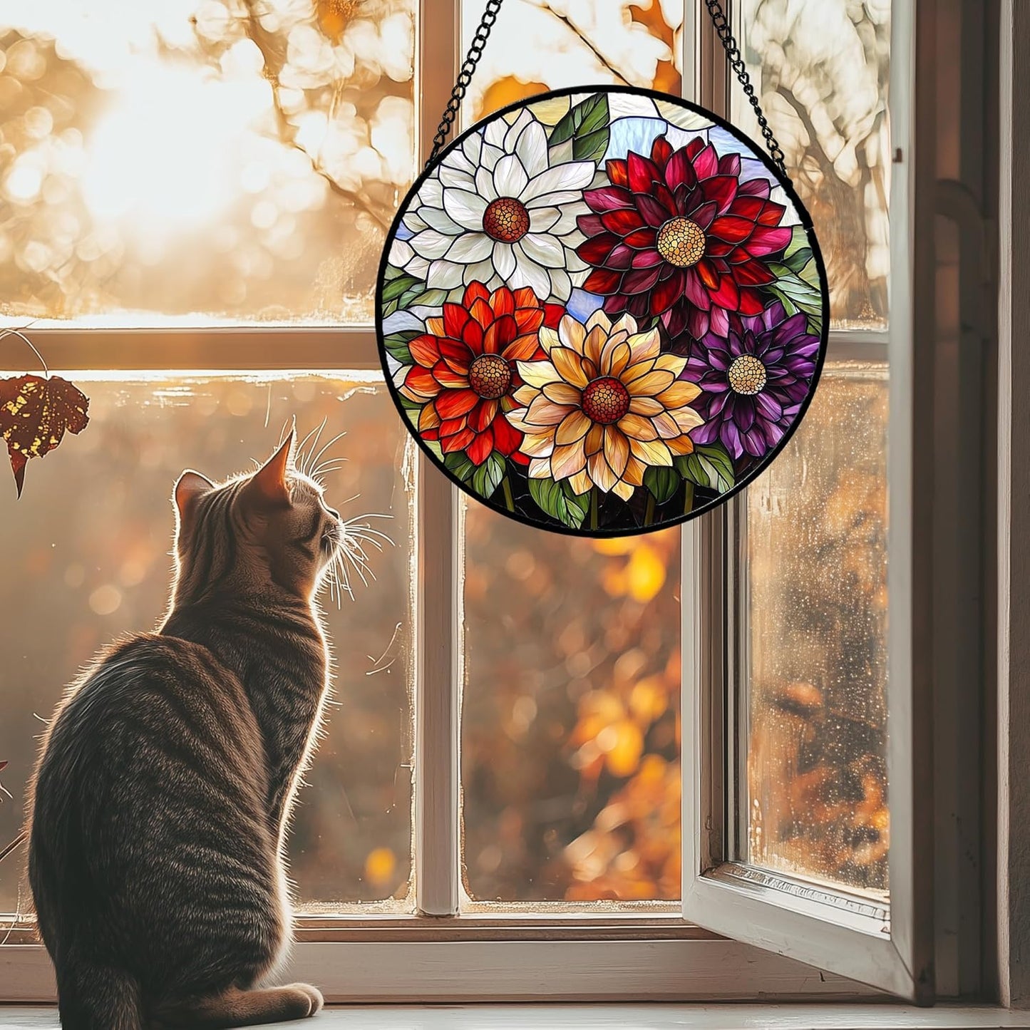 Stained Glass Window Hanging, Colorful Flowers Sun Catcher for Window Door Home Decor Plant Suncatcher Christmas Mother's Day Birthday Gifts for Women Men Mom and Nana 15 in