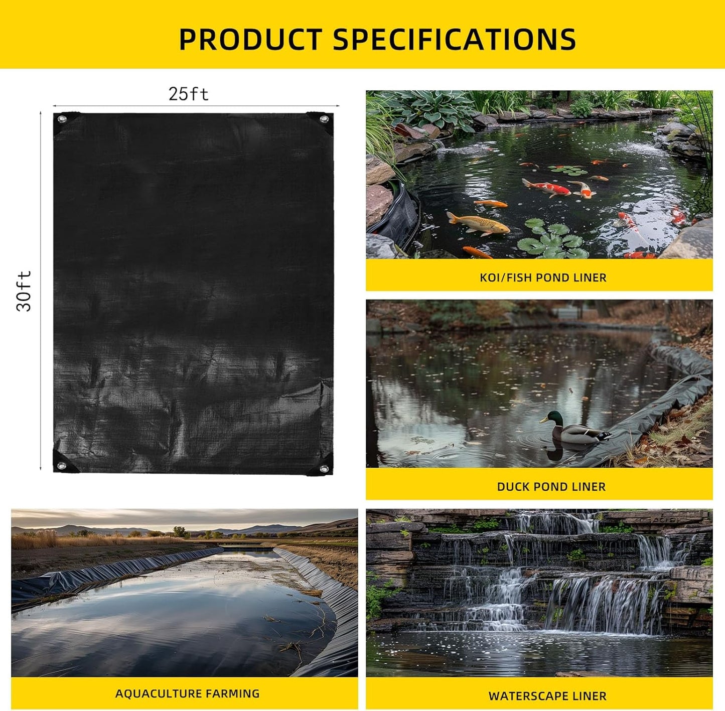 TEZONG Pond Liner,25x30Ft Pond Liners for Outdoor,28Mil PE Black Koi Fish Pond Liner,Reinforced Pond Underlayment for Water Garden,Waterfall,Fountain