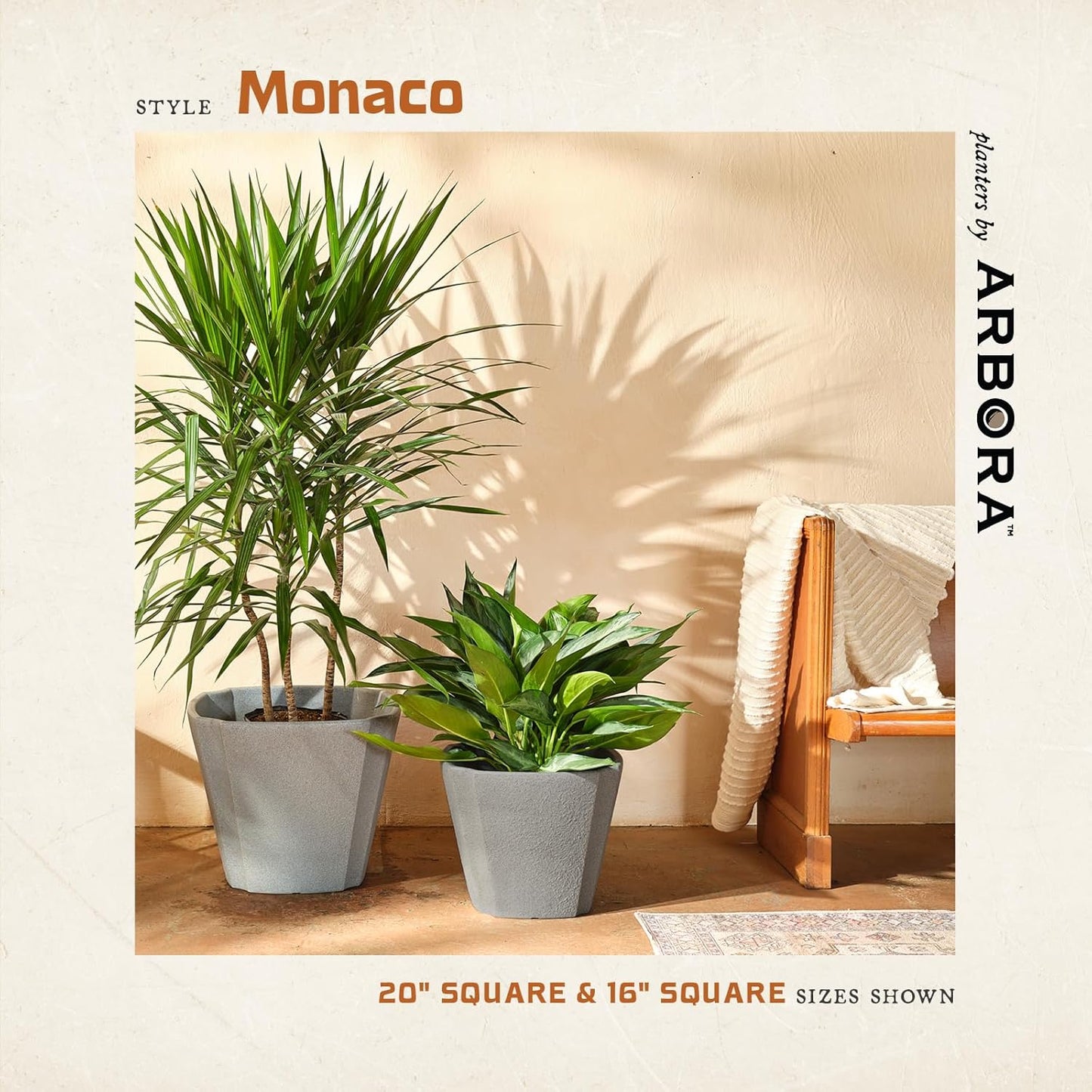 ARBORA 20" Monaco Square Polyresin Indoor and Outdoor Planter with Stone Blend Concrete Gray Finish - Durable, Weatherproof, Lightweight, Large Plant Pot for Patio, Garden, Deck, Entryway