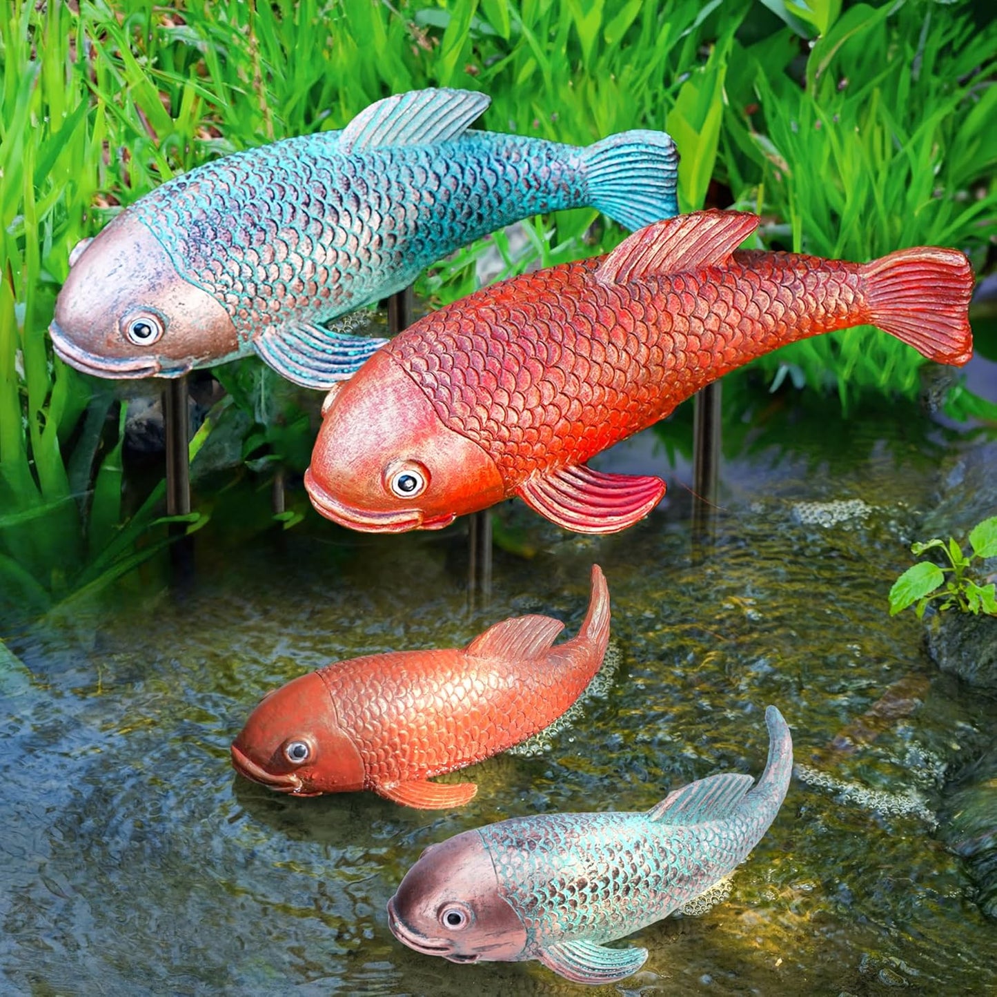 10.8" Resin Koi Pond Kit, 2Pcs Antique Koi Fish Garden Statues, Yard Pond Decor, Large Outdoor Statues Ornaments, Real Fish Sculpture Art, Garden for Outdoors
