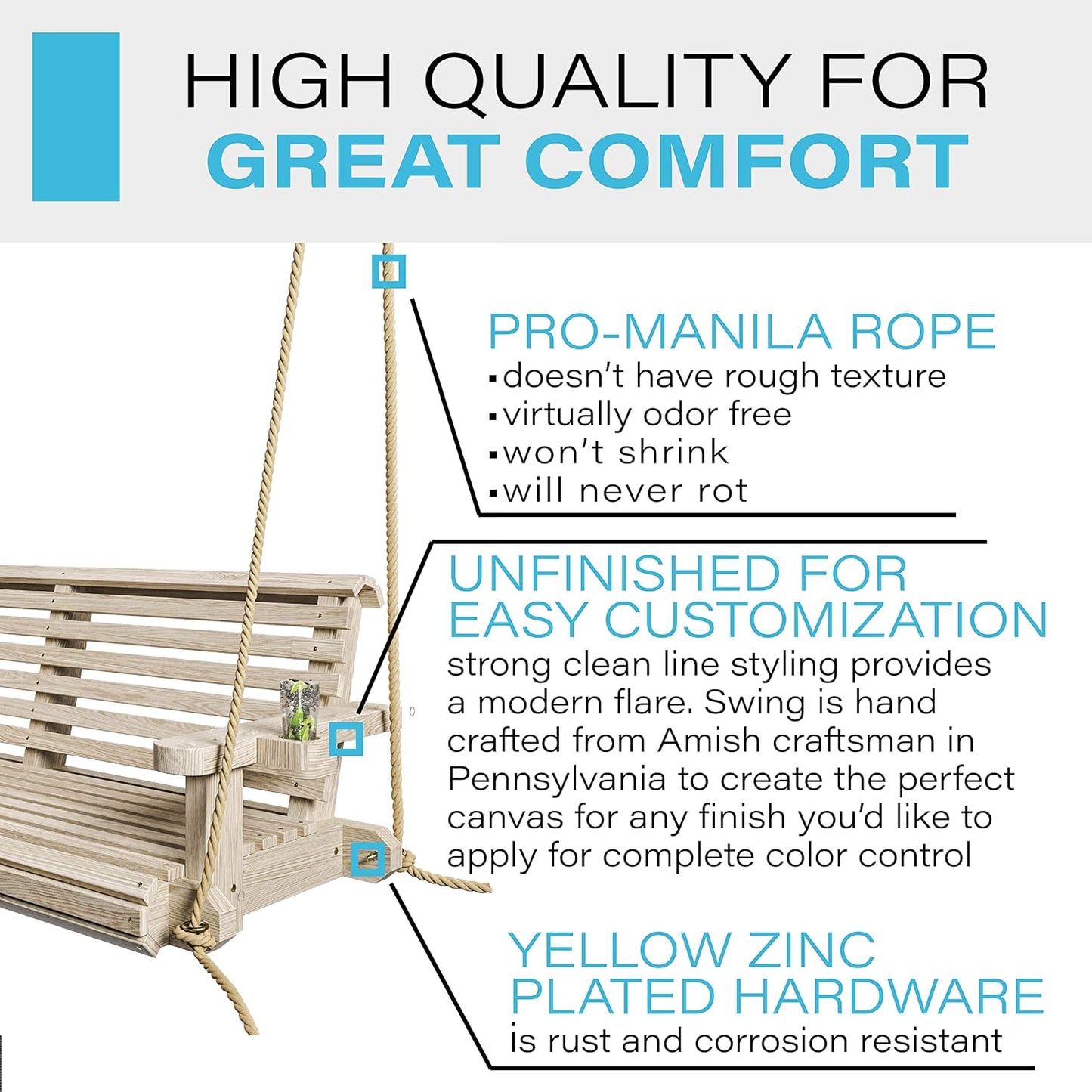 Porchgate Amish Heavy Duty 800 Lb Roll Comfort Treated Porch Swing W/Ropes (5 Foot, Unfinished)