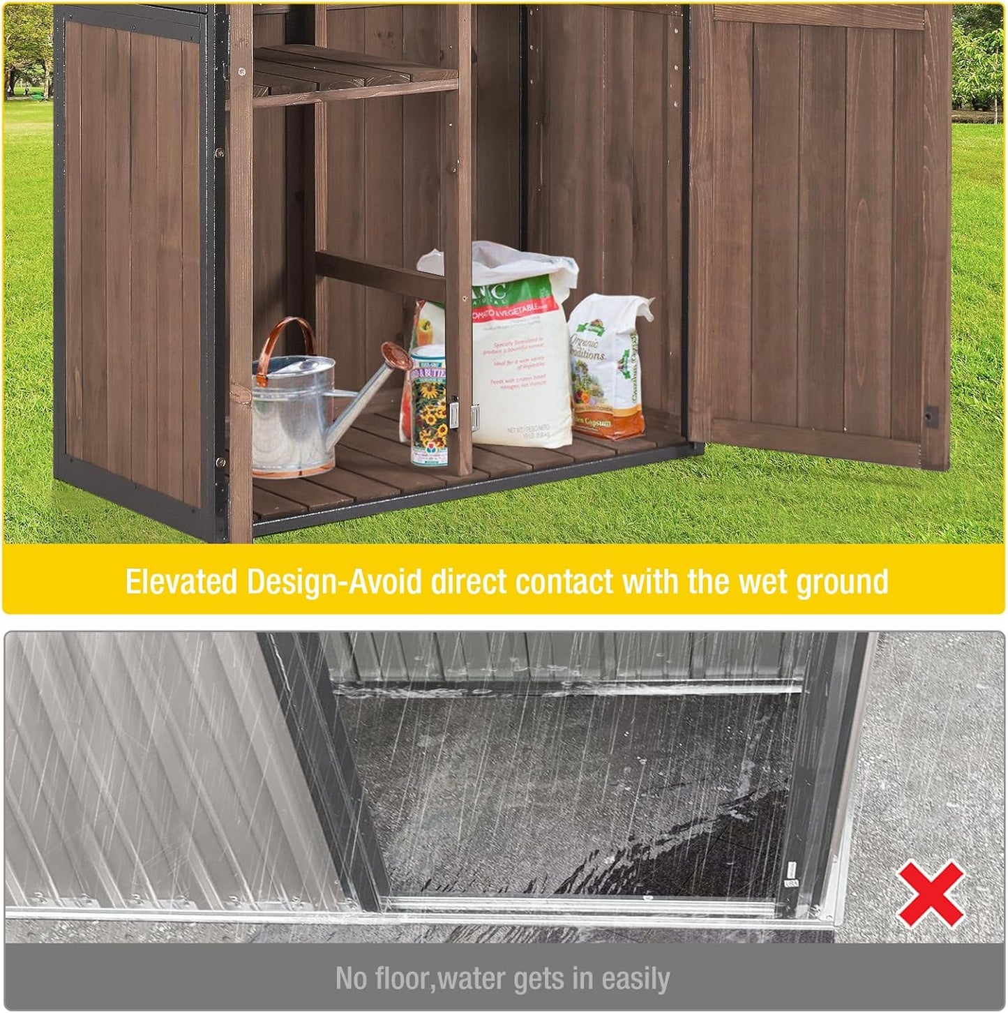 Outdoor Storage Shed,Vertical Wooden Tool Shed with Waterproof Roof,Adjustable 3 Tiers Shelves,Storage Tool Cabinet Box with Metal Frame Sloped Roof for Backyard Garden Patio Lawn (Dark Brown)