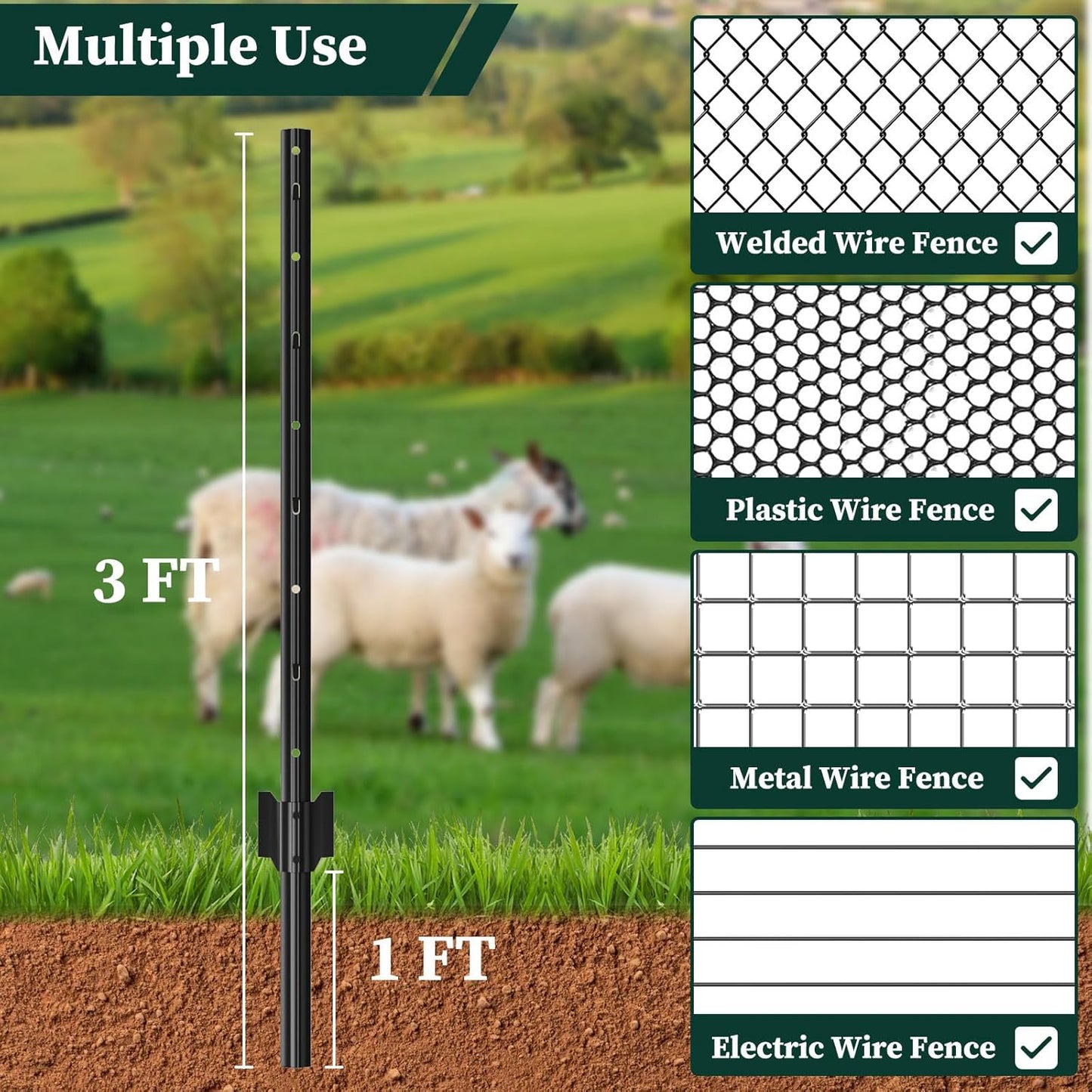 20 Pack Garden Fence Post, 3 Feet Heavy Duty Metal U-Post for Wire Fence, No Dig Garden Fence Stakes for Temporary Fencing, Electric Fence Wire, Corner Anchor, and More-Black