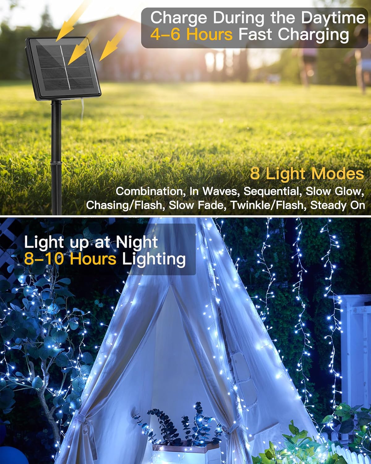 Brightown Solar Lights for Outside, 9.8Ft 120 LED Solar String Lights Outdoor Waterproof, 8 Modes Firecracker Balcony Light for Tree Patio Christmas Party Wedding Decor (Pure White)