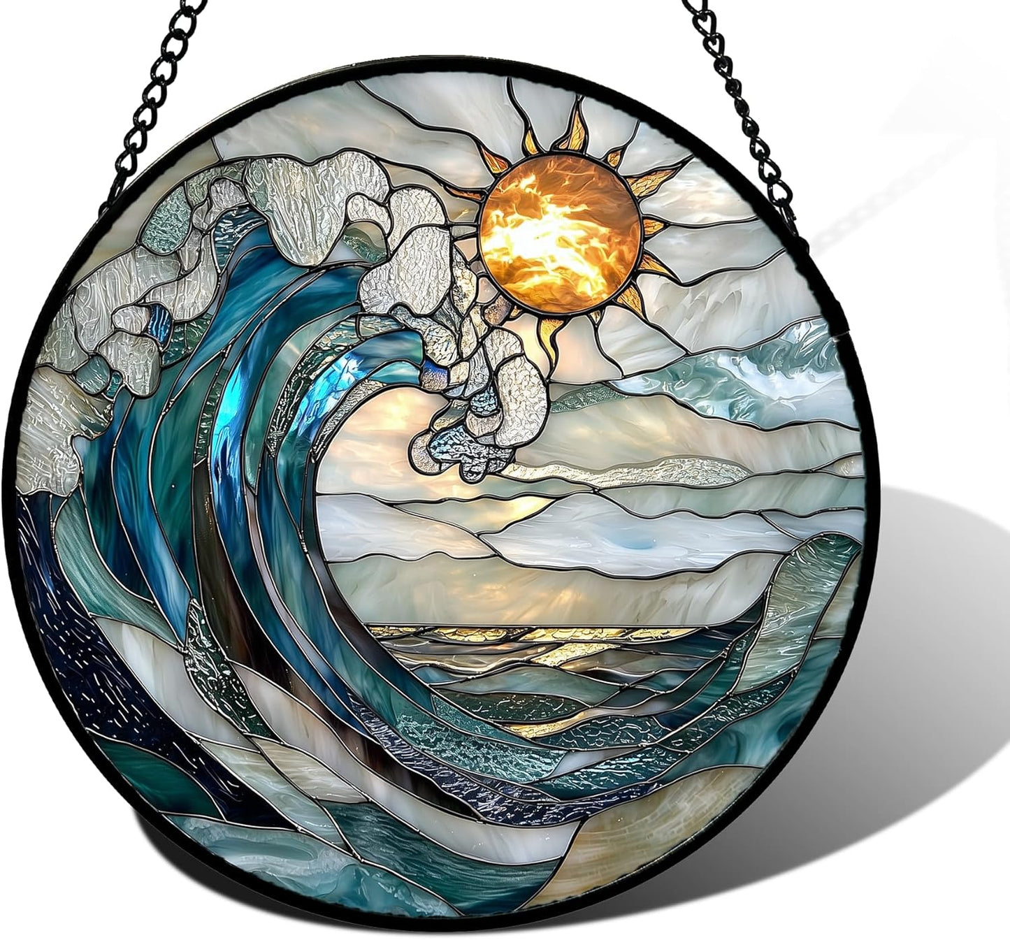 Stained Glass Window Hanging, Blue and White Waves Suncatcher Diamond Glass Panel Landscape Sun Catchers Decor for Birthday for Women, Men, Wife, Aunt, and Mom 11.8x11.8 in