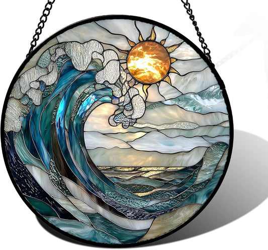 Stained Glass Window Hanging, Blue and White Waves Suncatcher Diamond Glass Panel Landscape Sun Catchers Decor for Birthday for Women, Men, Wife, Aunt, and Mom 9.8 in