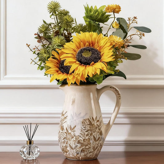 Purple and Borwn Floral Vintage Vase with Handle, French Country Floral Pitcher Vase, Rustic Ceramic Farmhouse Vases for Home Decor, Living Room, Bookshelf, Grand Millennial Tuscan Decor 8.7 in