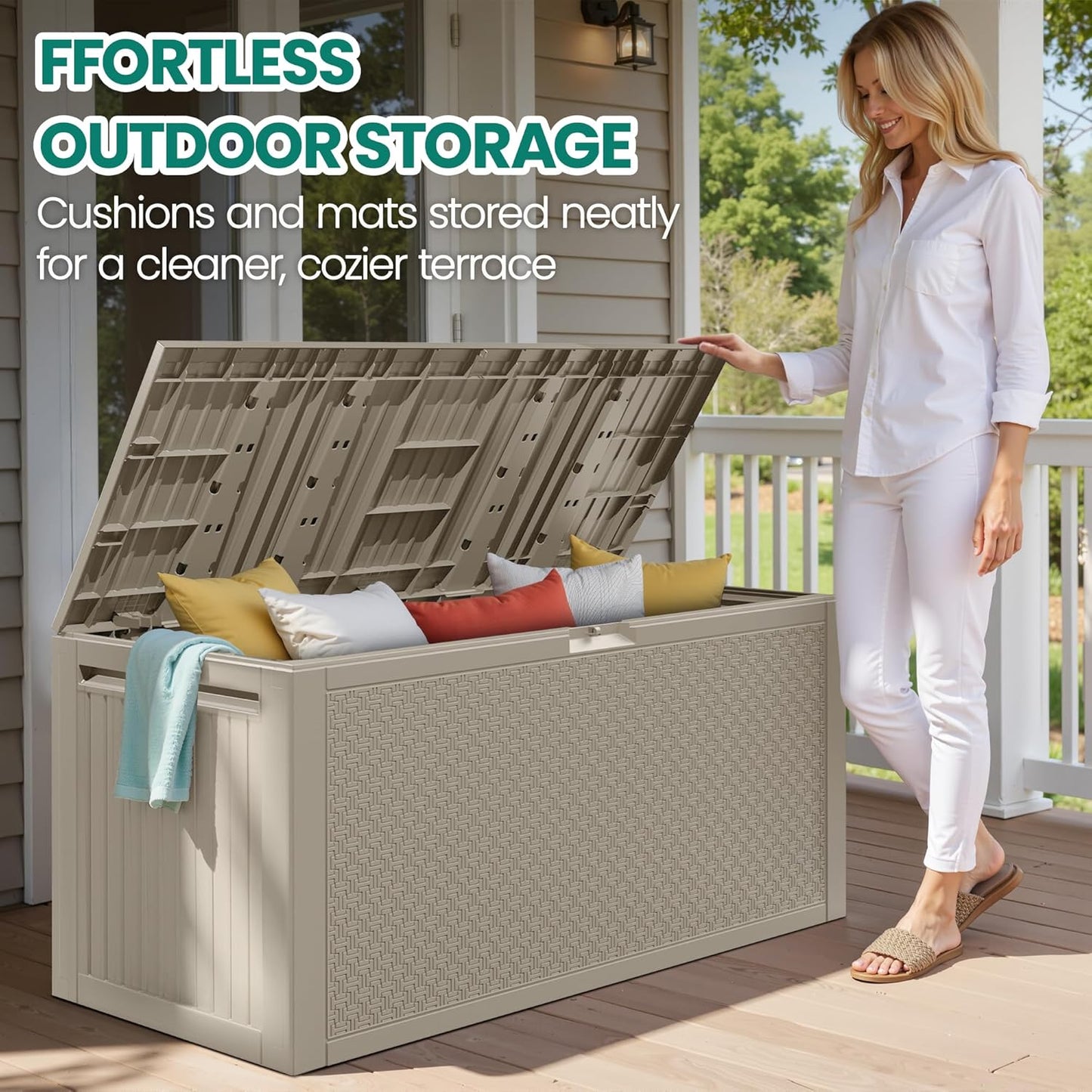 90 Gallon Outdoor Deck Box, Waterproof Outdoor Storage Box, Durable Resin Bin for Patio Cushions, Garden Tools and Pool Accessories, Lockable with UV Protection, Khaki, Patio Furniture