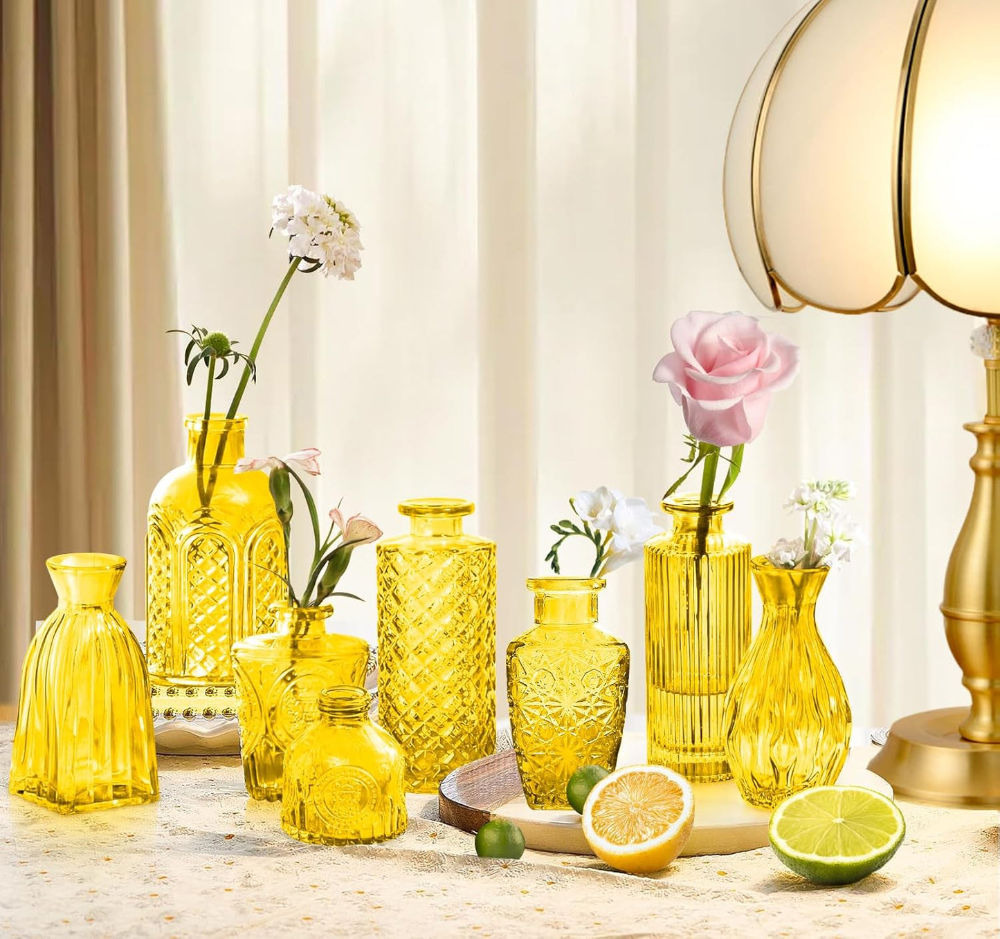 Light Yellow Glass Bud Vases Set, 24 Pcs Vintage Small Vases for Flowers, Crystal Mini Glasses in Bulk, Small Flower Design for Centerpieces Wedding Decorations Home Flower Party Decor