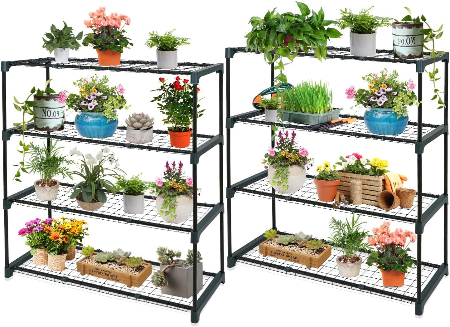 EAGLE PEAK Greenhouse Shelving Staging Double 4 Tier, Outdoor/Indoor Plant Shelves, 35"x12"x42", Green