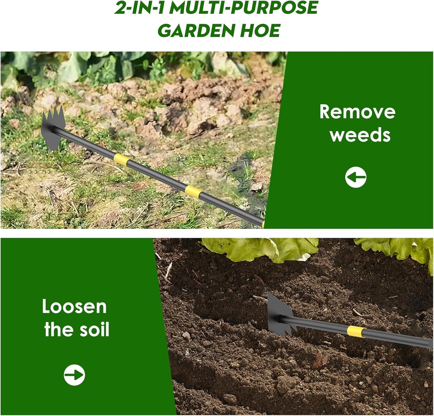 Dual Headed Hoe Garden Tool, Hoe Cultivator Gardening Tool, 17-59" Adjustable Long Handle Heavy Duty Scuffle Hoe with Rake Tiller Cultivator for Weeding, Digging, Loosening Soil, Sowing