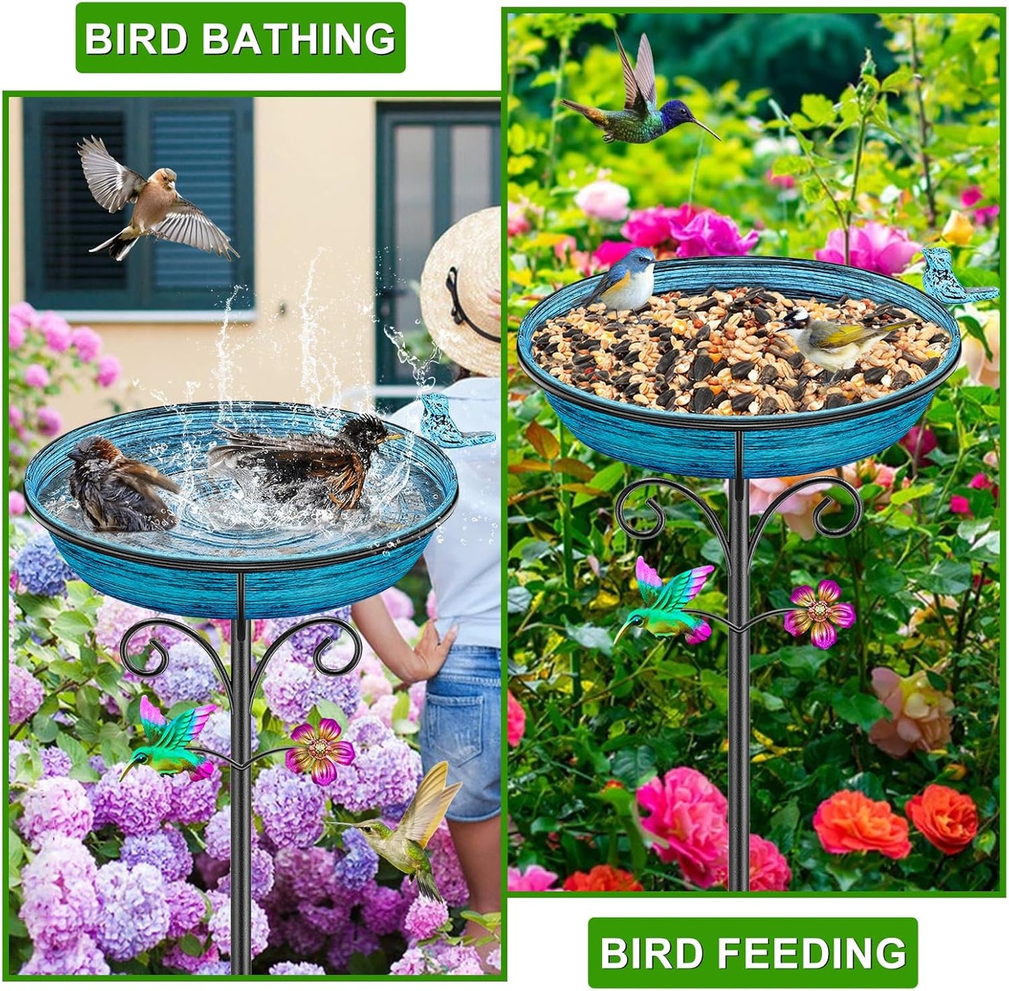 Metal Bird Bath for Outside, Freestanding Garden Bird Baths Bowl, Vintage Birdbath for Outdoors Yard Garden Lawn Decor Decor (Vintage Blue)