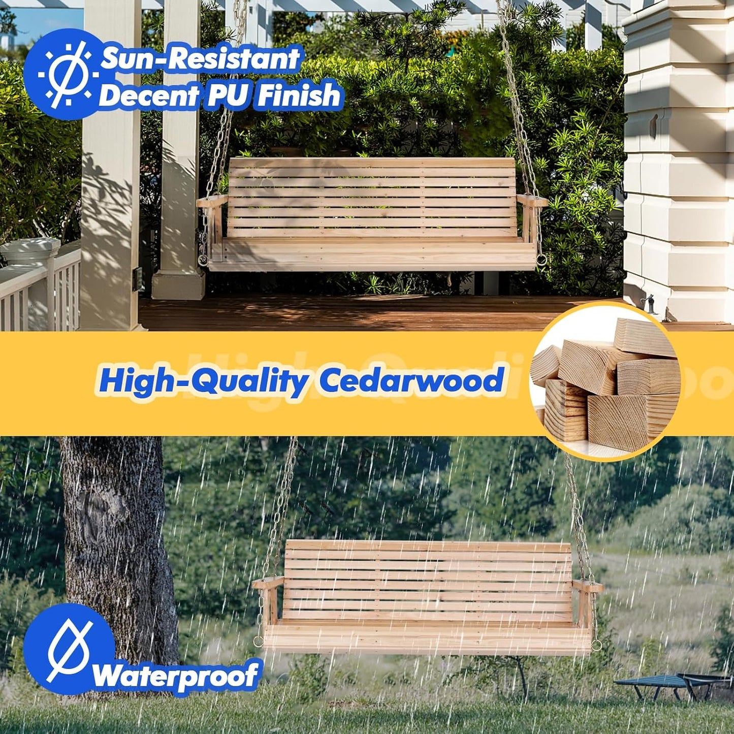 VINGLI Upgraded Patio Wooden Porch Swing for Courtyard & Garden, Heavy Duty 880 LBS Swing Chair Bench with Hanging Chains for Outdoors (Natural, 5 FT)