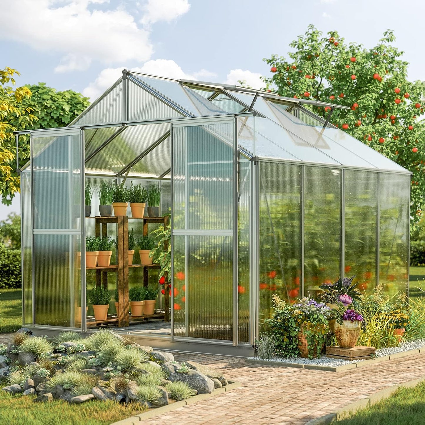 Greenhouse Topas 4 Aluminum Frame 7.4 x 8.5 ft Approx. 6 mm Polycarbonate Panels - with Bonus Base Frame and Automatic Vent Opener