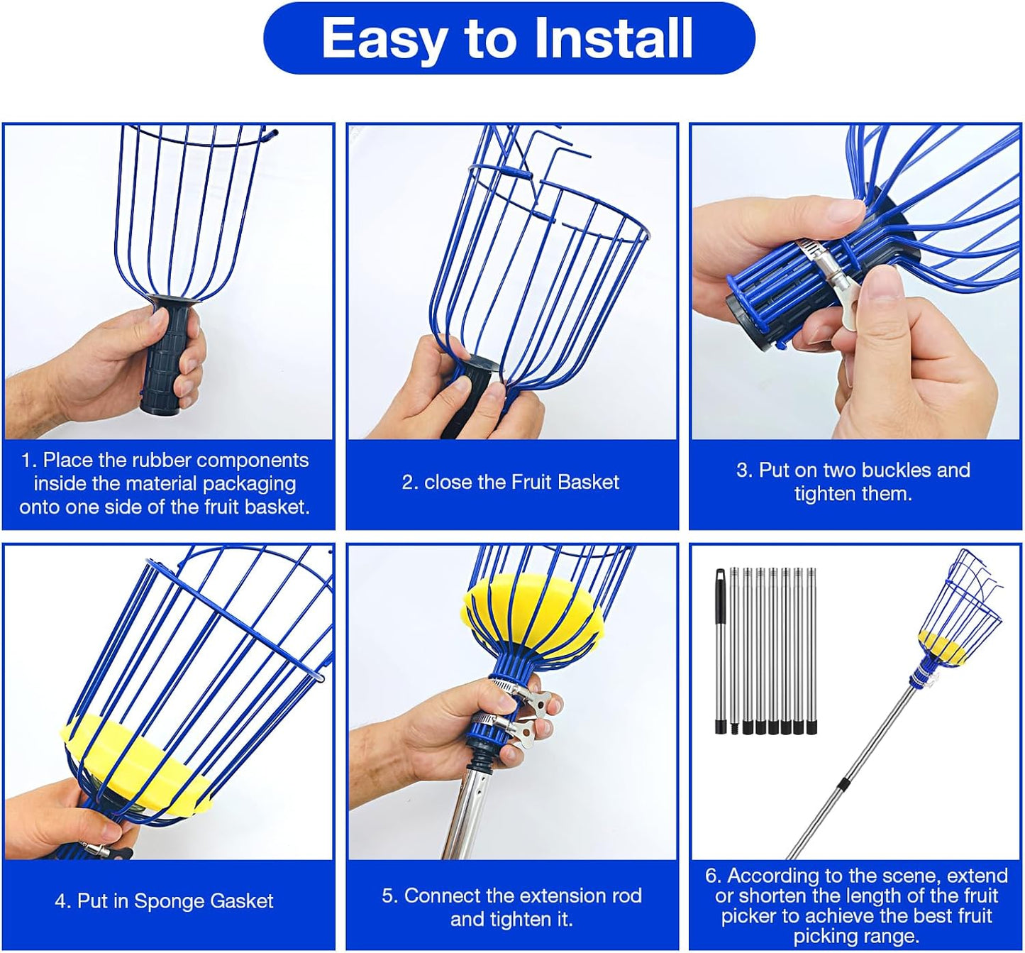 Steel Adjustable Splicing Fruit Picker Pole with Basket, 35-129 Inch Grabber Reacher Tool for Orange Lemon Apple Guava Mango Avocado Pear Tree Harvesting
