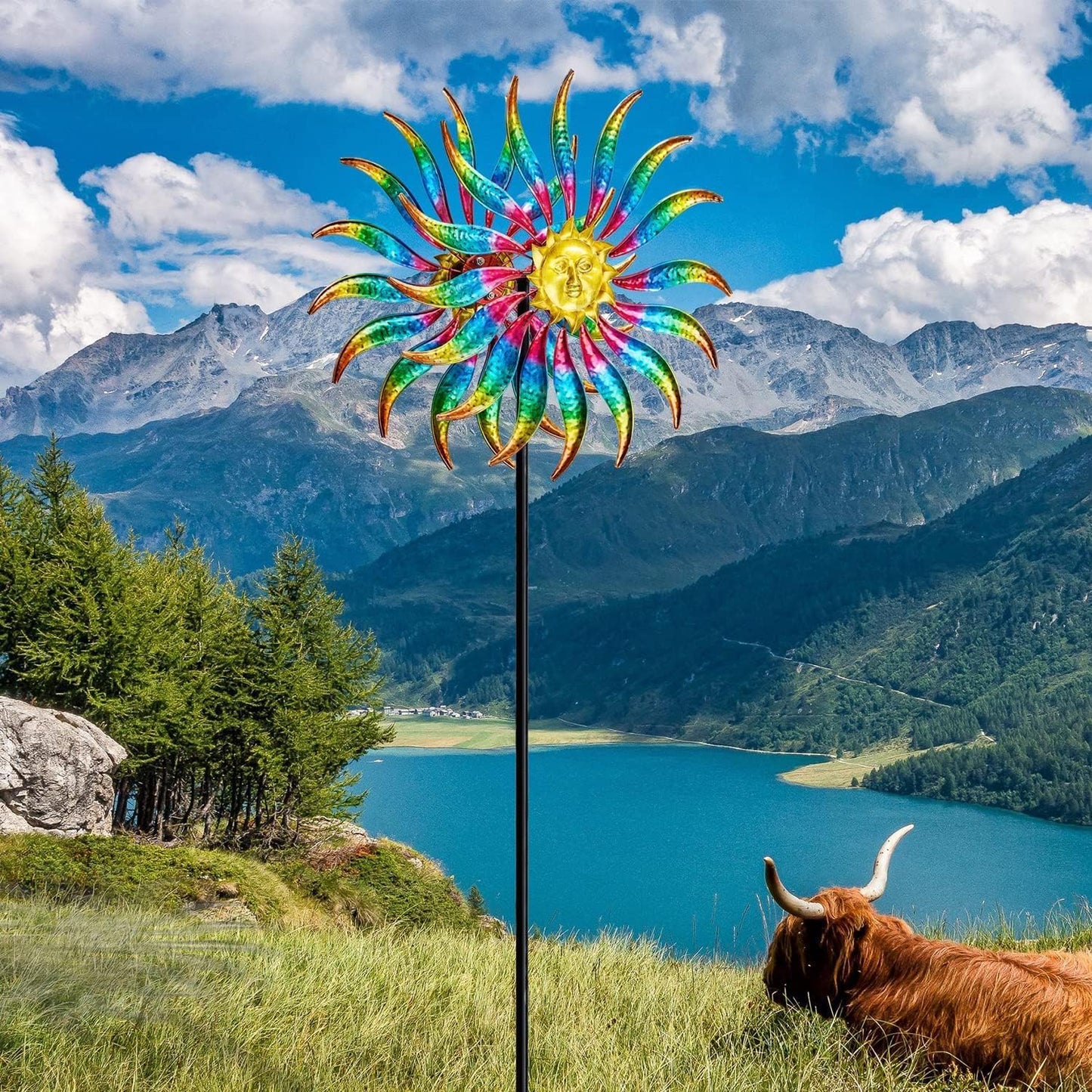 75" Multi-Color Wind Spinners Outdoor Metal Sun Wind Sculptures for Garden, Patio, Yard, Lawn Decorations Double Windmill Spinne