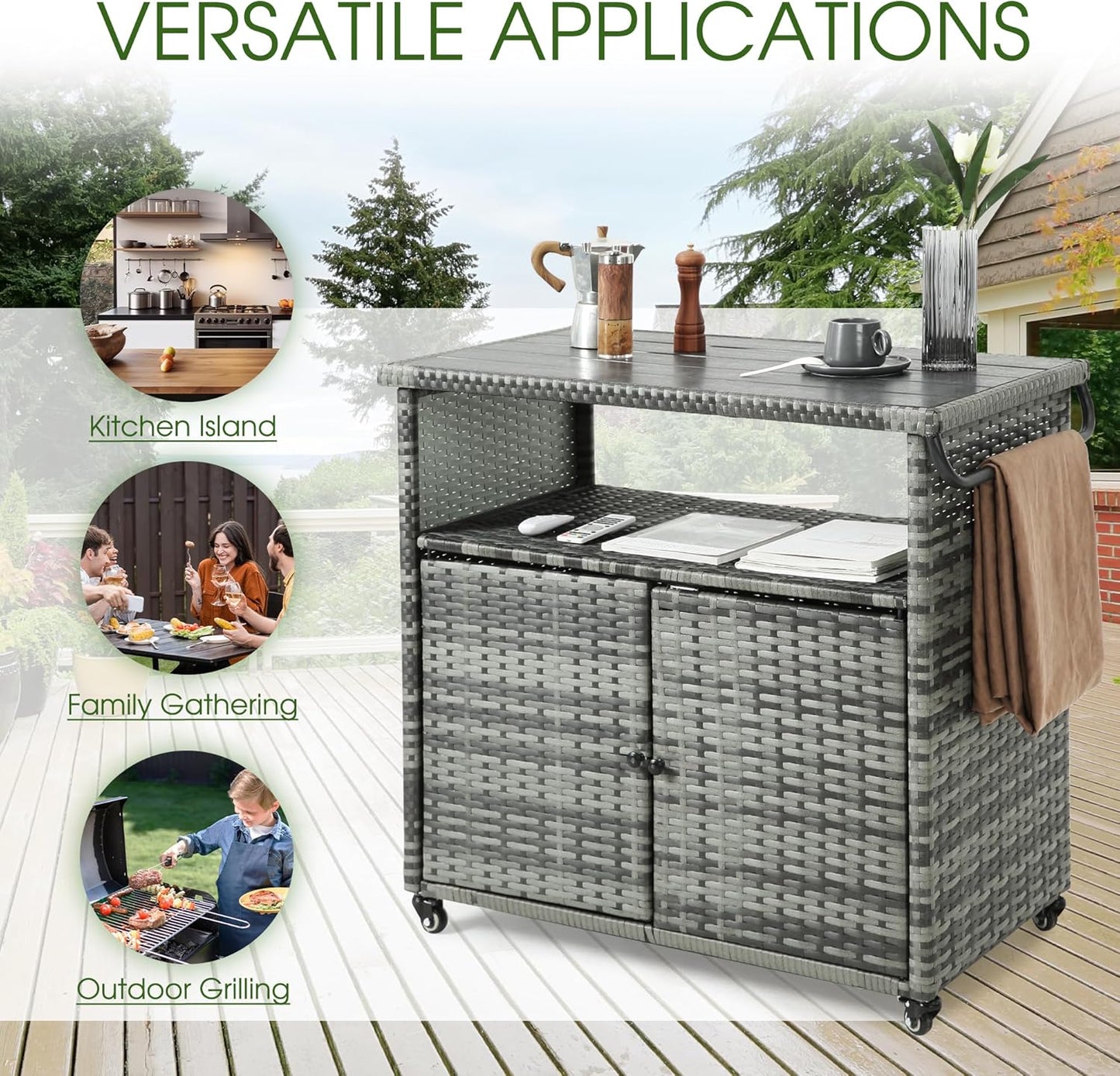 HOMEFUN Outdoor Grill Carts with Storage Cabinet - Outside Bar Cart with Wheels Wicker Patio Kitchen Island Table Weatherproof Prep Stand, Grey