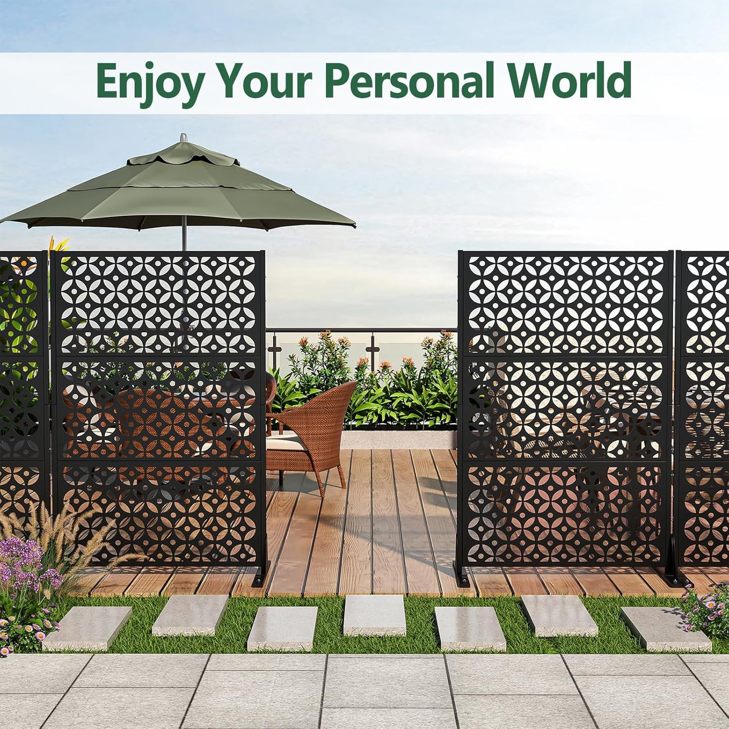 Metal Privacy Screen Outdoor 72" H×47" W,Freestanding Decorative Privacy Screen for Balcony Yard&Garden,Privacy Fence-Black&Louvered