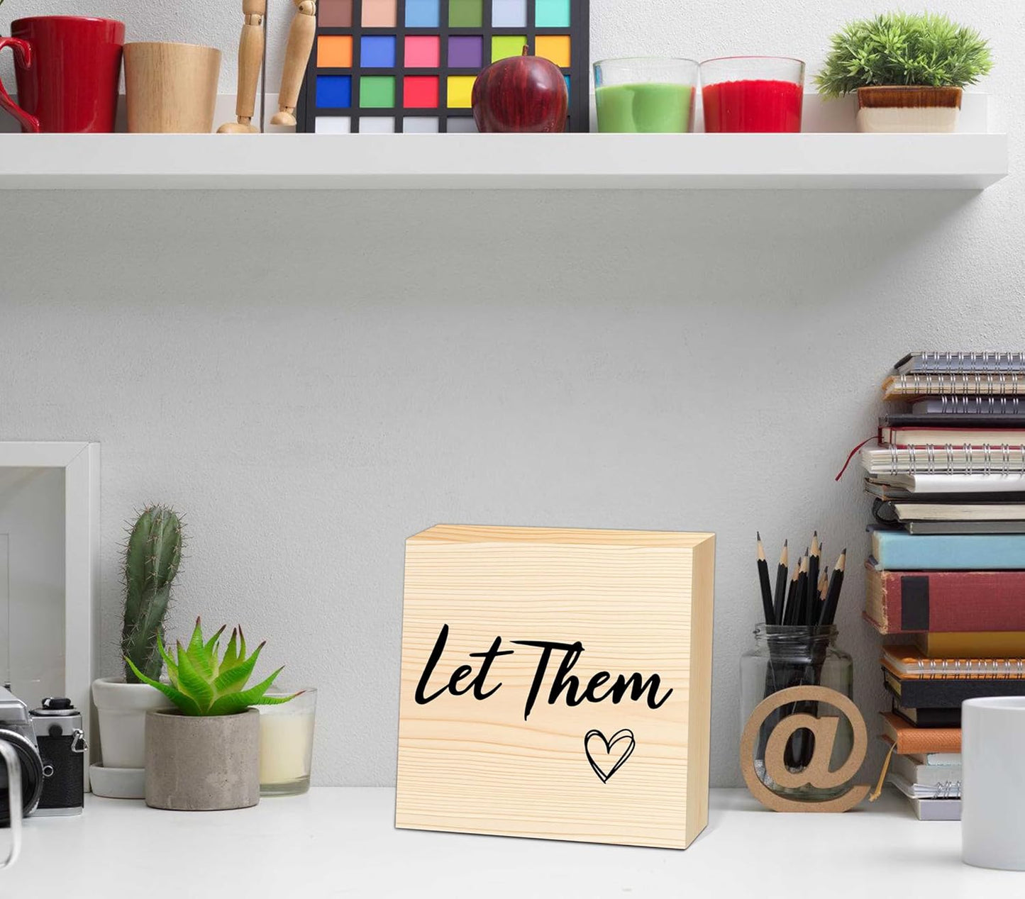 Let Them Wooden Sign, Mental Health Quote Farmhouse Wood Box Sign 5 x 5", Let Them Office Desk Accessories for Cubicle Decor, Office Gifts for Coworkers Women, Office Decorations for Work (Wood Color)