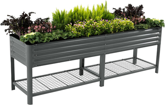 Elevated Raised Garden Bed-V Series, 2' x 8' Garden Beds with Legs & Storage Rack for Patio Porch, 1400 Lbs Weight Capacity, Outdoor Planter Boxes for Gardening Herbs Vegetables Flowers, Modern Gray