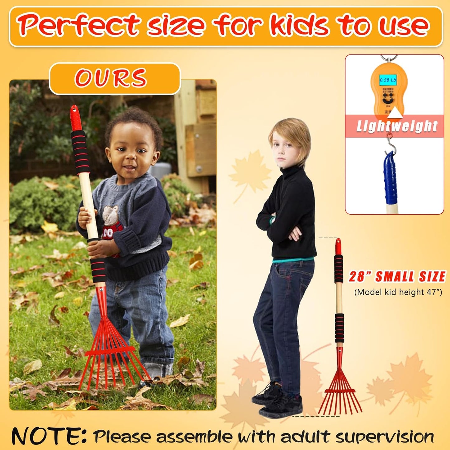 2 Pack Kids Rakes for Leaves, 28" Small Metal Toddler Rakes Garden Lawn Rake with Hardwood Handle and Soft Grip, Lightweight Child Size Yard Leaf Rake Kid Gardening Tools Set for Boys and Girls