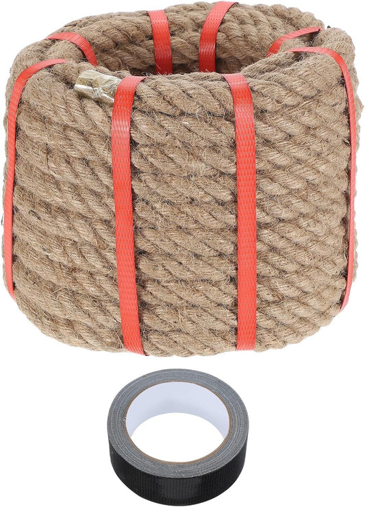 MECCANIXITY Jute Rope 0.8 Inch x 49ft, Thick Twine Rope Ropes Braided Jute Twine Natural Brown Burlap Cord String Heavy Twisted with Tape for Decorative Crafts Railing Swing Tug of War
