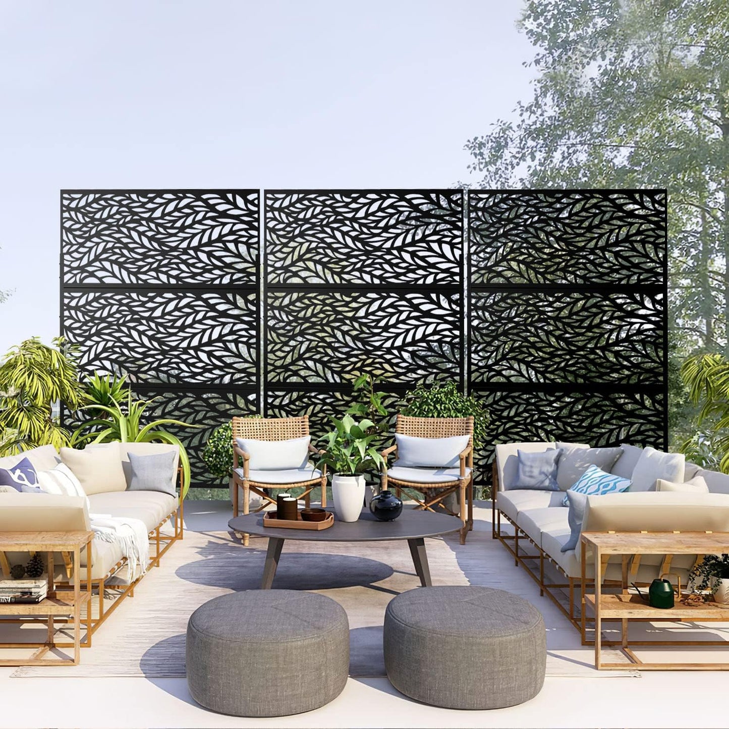 Metal Privacy Screen Outdoor 72" H×47" W,Freestanding Decorative Privacy Screen for Balcony Yard&Garden,Privacy Fence-Black&Leaves