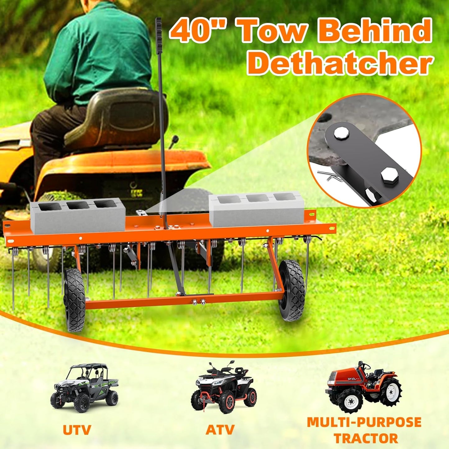40" Tow Behind Lawn Dethatcher, Pull Behind Rake with 24 Rust-Proof Tines and Heavy Tires, Lawn Tractor Rake with Lift Handle, Tow Behind Rakes to Remove Thatch, Leaves from Large Lawn Area