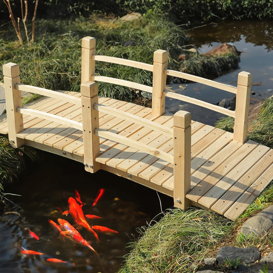 HOMEDIARY Fir Wood Garden Bridge, Outdoor Arc Footbridge Walkway with Double Safety Railings, Decorative Pond Bridge Landscaping w/550lbs Capacity for Backyard Garden Creek Pond Decor, Natural